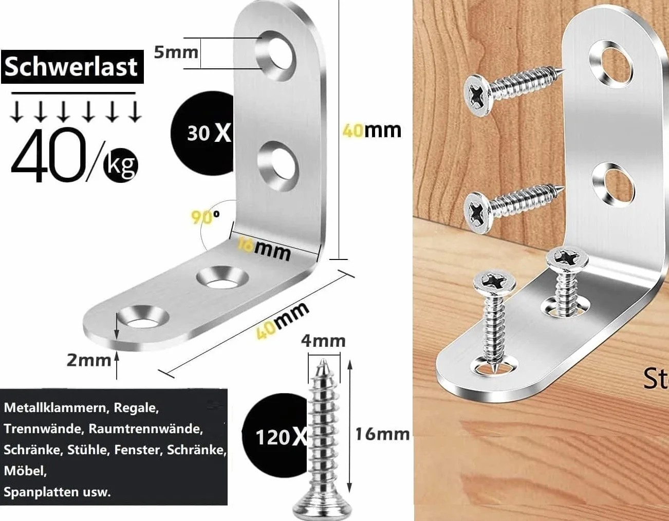 Łączniki kątowe kątowniki metalowe, 30 sztuk, 40 x 40 mm, stal nierdzewna, 90 stopni, kątownik meblowy, kątownik narożny, ze śrubą, do montażu kątowego, do mebli