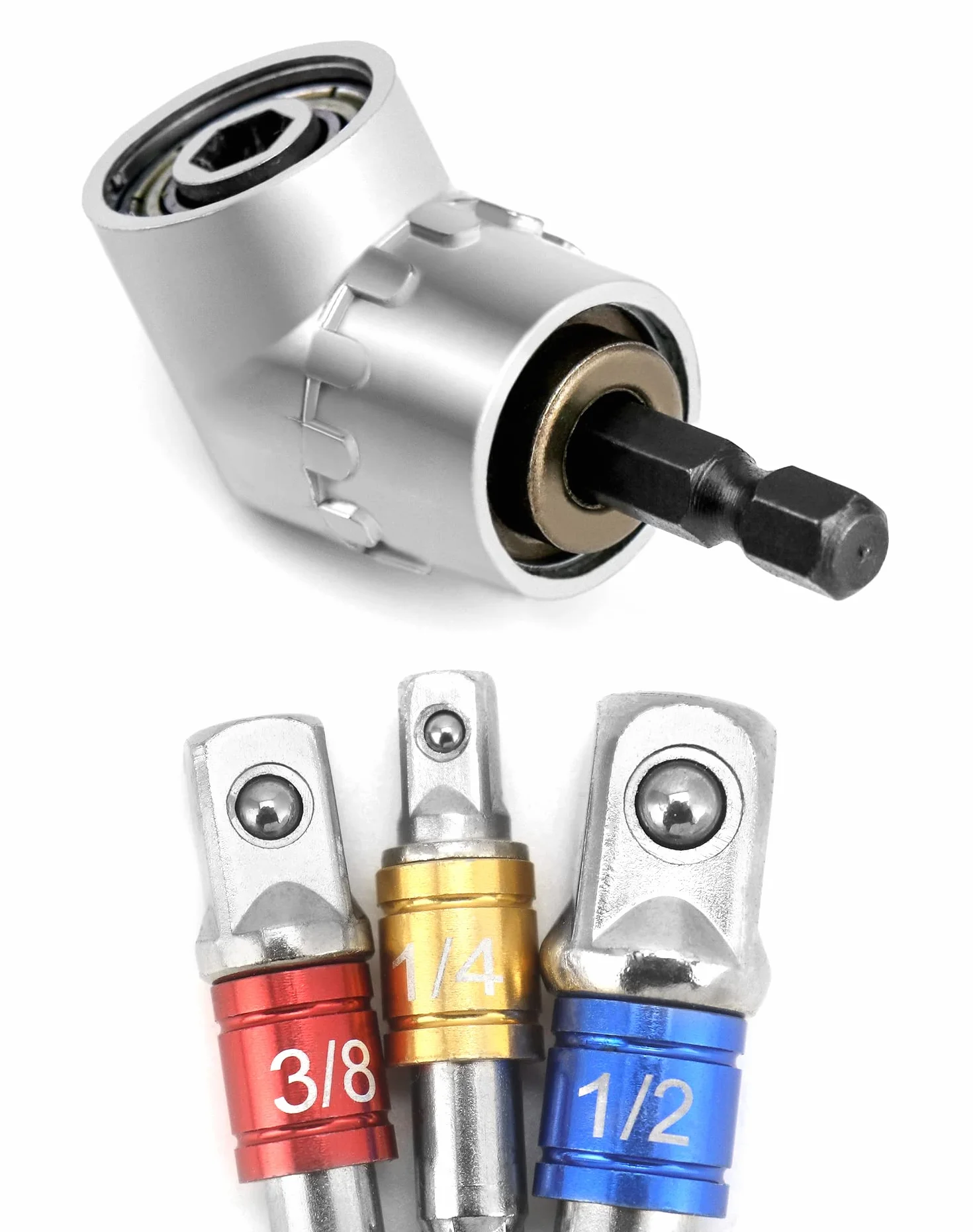 QWORK® Adapter do wkrętarki kątowej 105°, adapter kątowy do wkrętarki akumulatorowej, wiertło z chwytem sześciokątnym, z 3-częściowym adapterem nasadowym 1/4" 3/8" 1/2"
