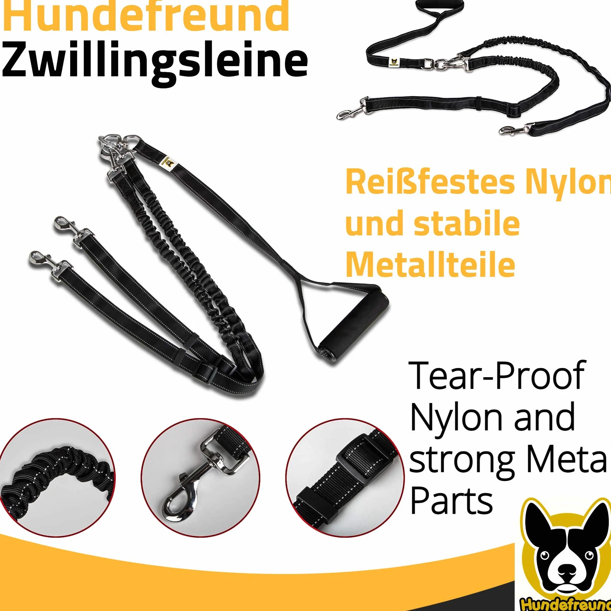 Smycz podwójna - smycz dla 2 dużych psów od 20 kg - podwójna smycz rozciągliwa, odblaskowa od 150 do 220 cm, z miękkim uchwytem