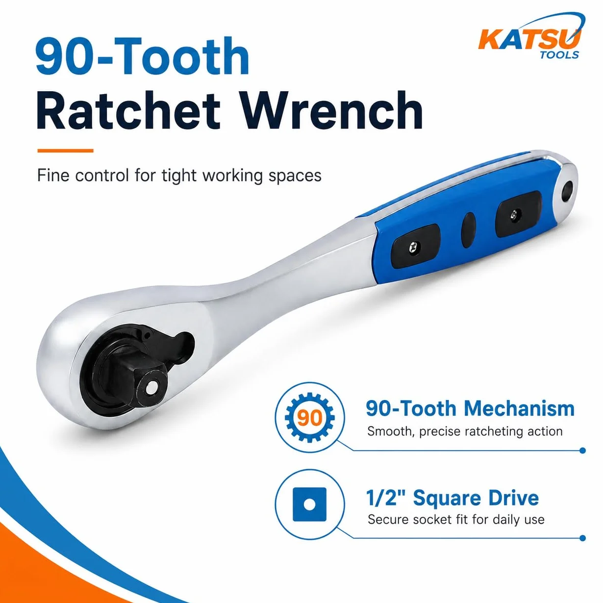 KATSU Tools 1/2-calowy kwadratowy napęd 90 zębów szybkie zwalnianie odwracalny klucz nasadowy z grzechotką, miękki uchwyt, stal CR-V, długość 260 mm 423909