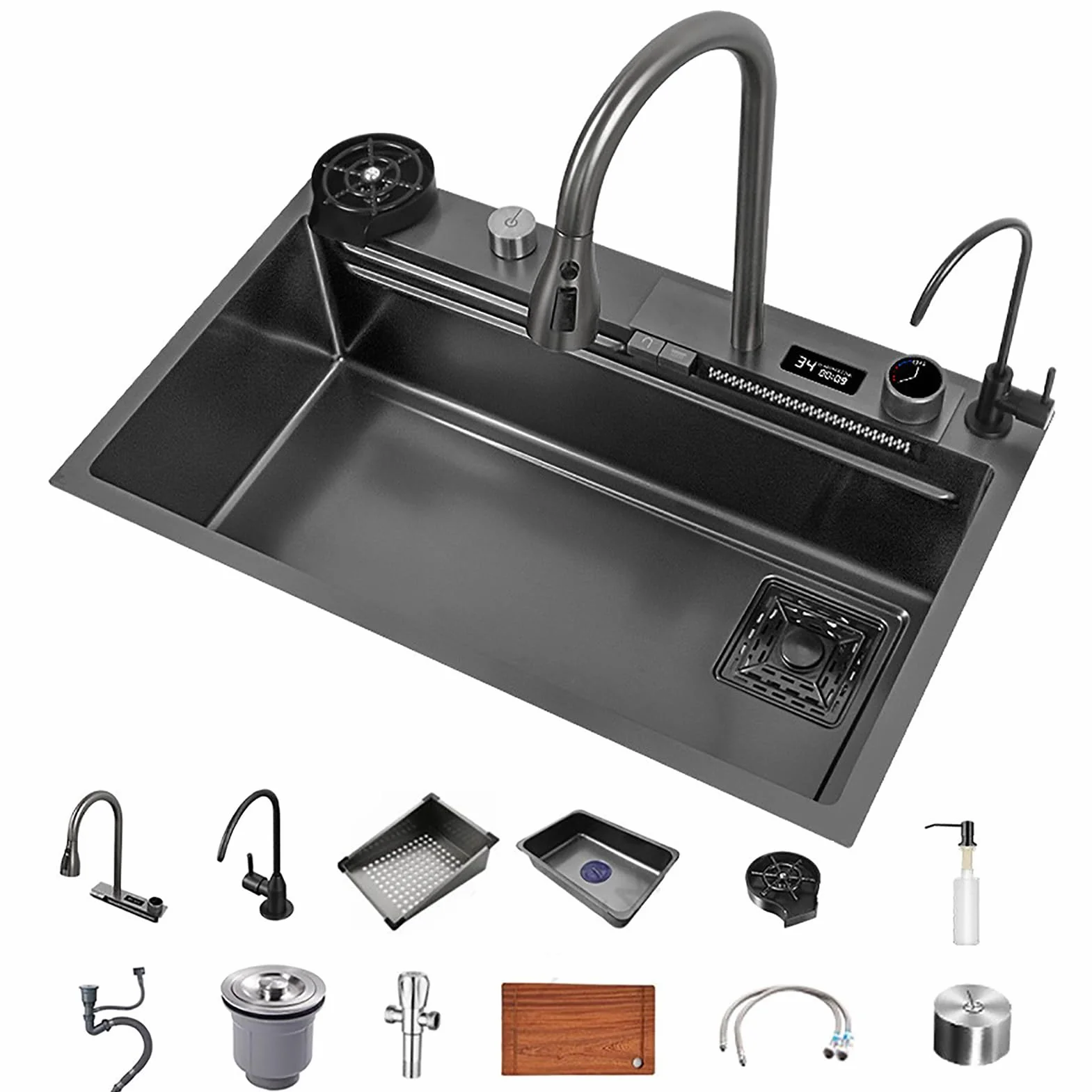 Nano Waterfall Sink Zlewozmywak kuchenny ze stali nierdzewnej 304, domowy, do warzyw, pojedynczy, zlew barowy, z wyciąganym kranem, myjka do kubków, kolor: A; wymiary: 75 x 46 cm