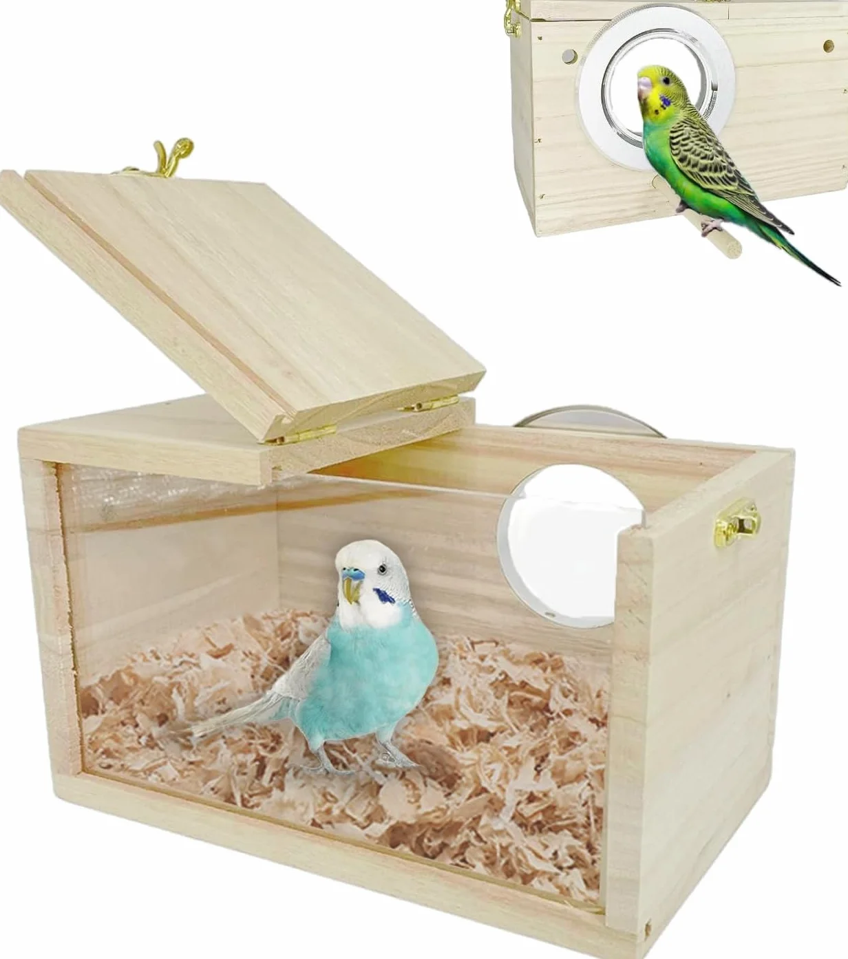 LATRAT Budka lęgowa dla papug Przezroczysty design, domek dla ptaków z naturalnego drewna Małe gniazdo ptasie, drewniana klatka dla papug, gniazdo lęgowe dla papug gatunku Lovebirds i Ellensittich