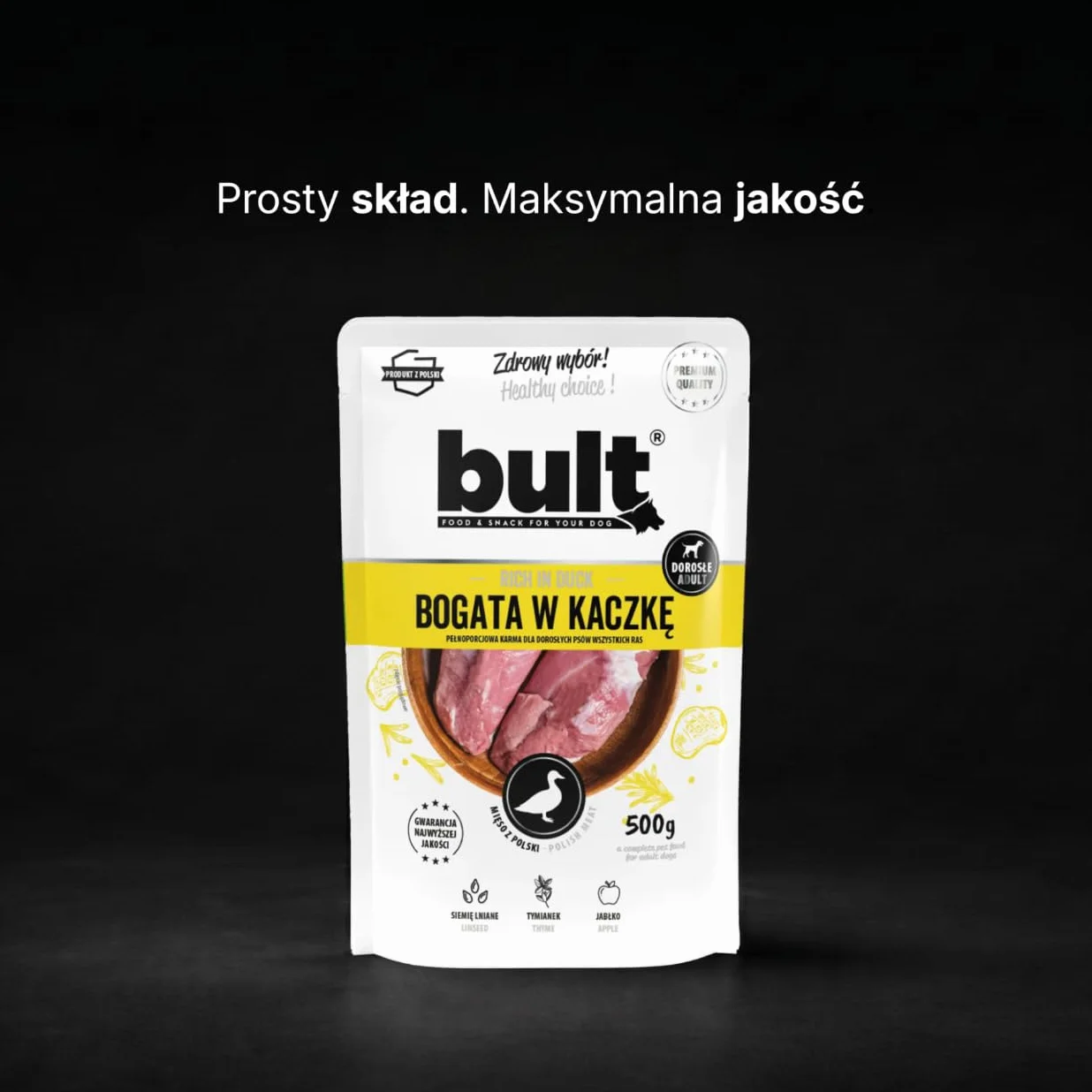 BULT, Mokra Karma dla Psa, Mielonka z Kaczką, 500g, Dla Dorosłych Psów, Saszetka, Z Siemieniem Lnianym i Tymiankiem, Bez Sztucznych Dodatków