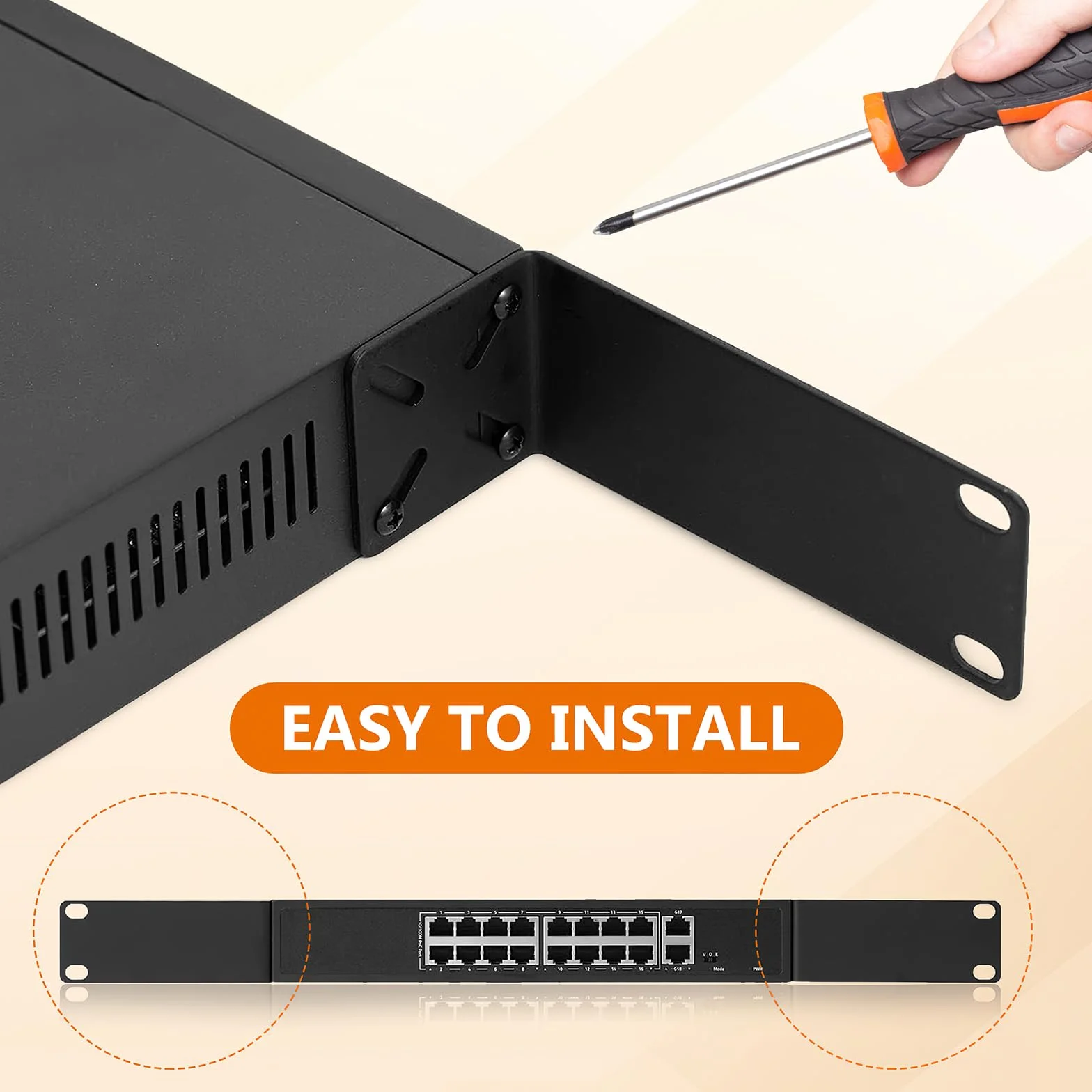 Regulowany zestaw do montażu w stojaku 14-30 mm, 19-calowe przyłącza regałowe, przełącznik do montażu kompatybilny z Netgear TRENDnet Cisco D-Link HP, do urządzeń o szerokości 10,6" (19" (108 mm)