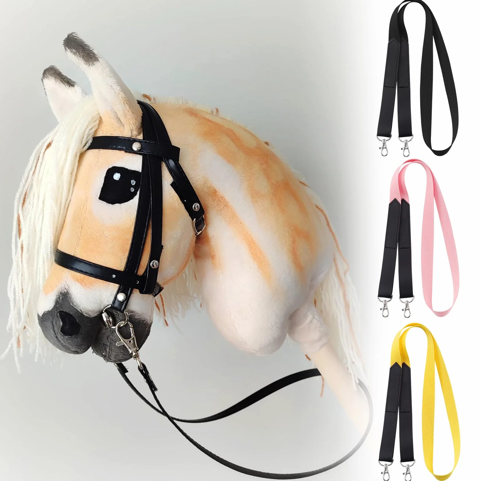 BINYI Hobby Horse uzda dla koni, akcesoria, trense, koń, dzianina, 3 pary cugli, kucyk, zestaw 120 cm, uzda do konia kijowego, drewnianego, z karabińczykiem (3 kolory)