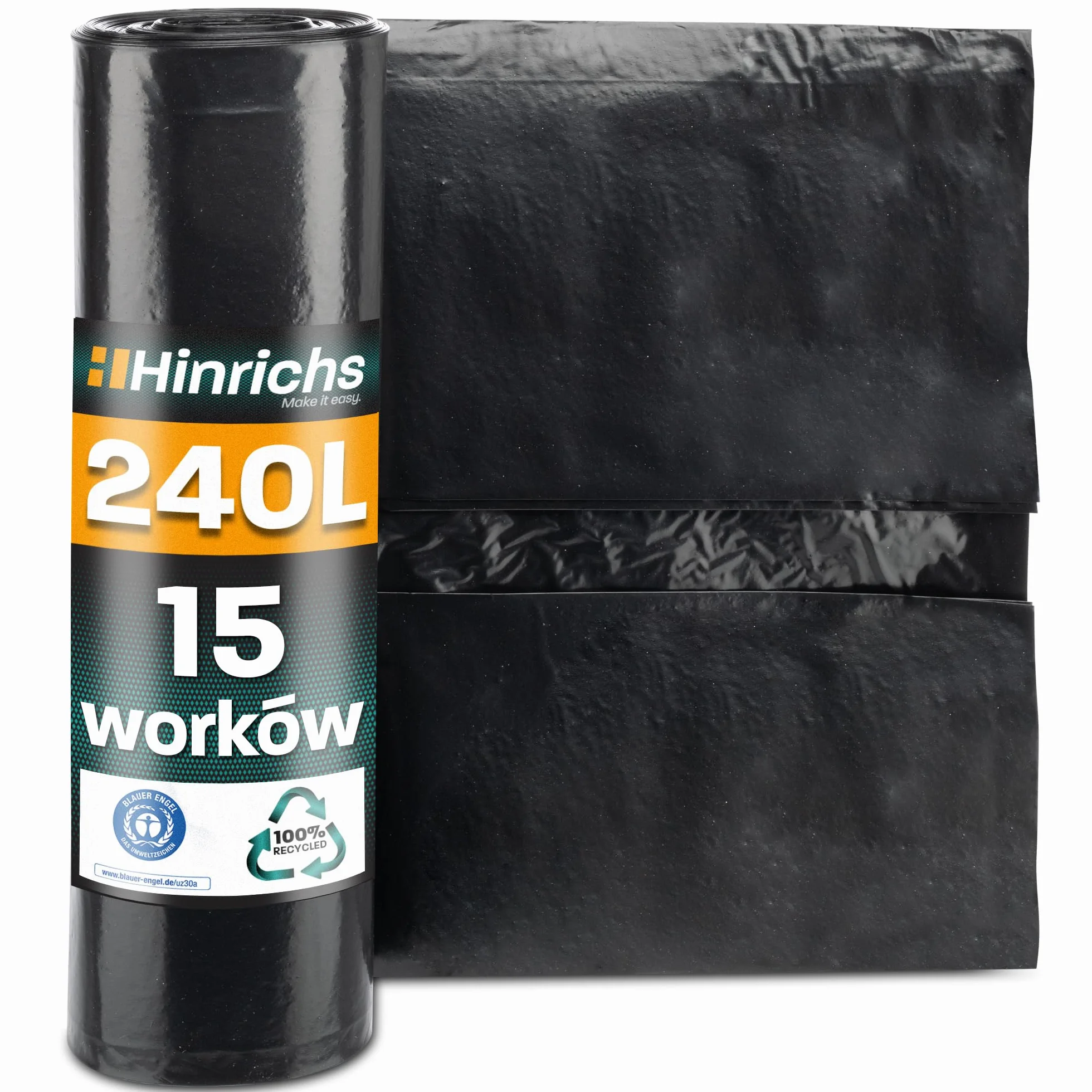 Hinrichs Worki na śmieci 240 l 100 x 125 cm rolka 15 sztuk czarne LDPE