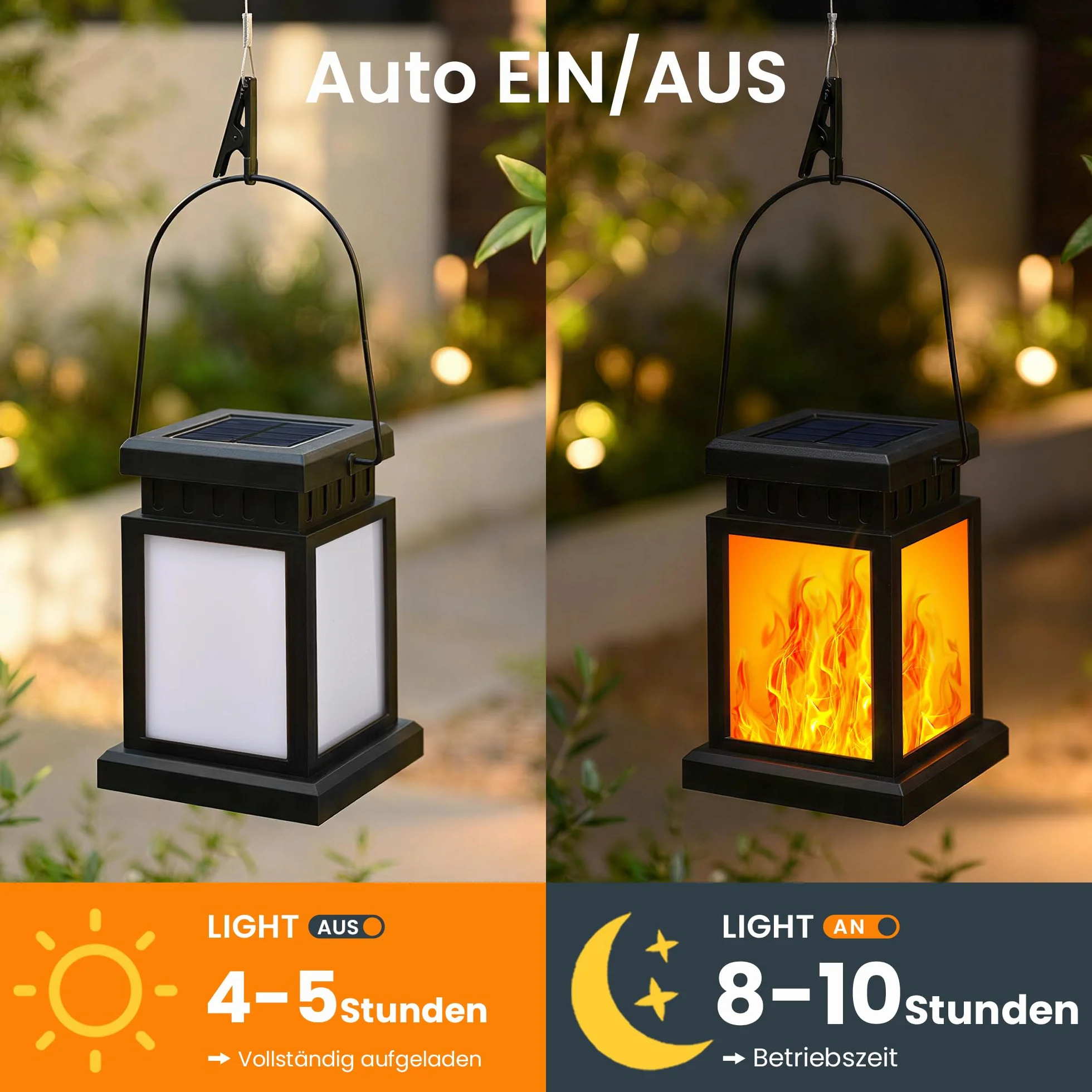 GIGALUMI Wiszące zewnętrzne lampy solarne, 4 sztuki, efekt płomienia, latarnie solarne do użytku na zewnątrz, IP44, wodoszczelne, dekoracja ogrodowa, odporna na warunki atmosferyczne