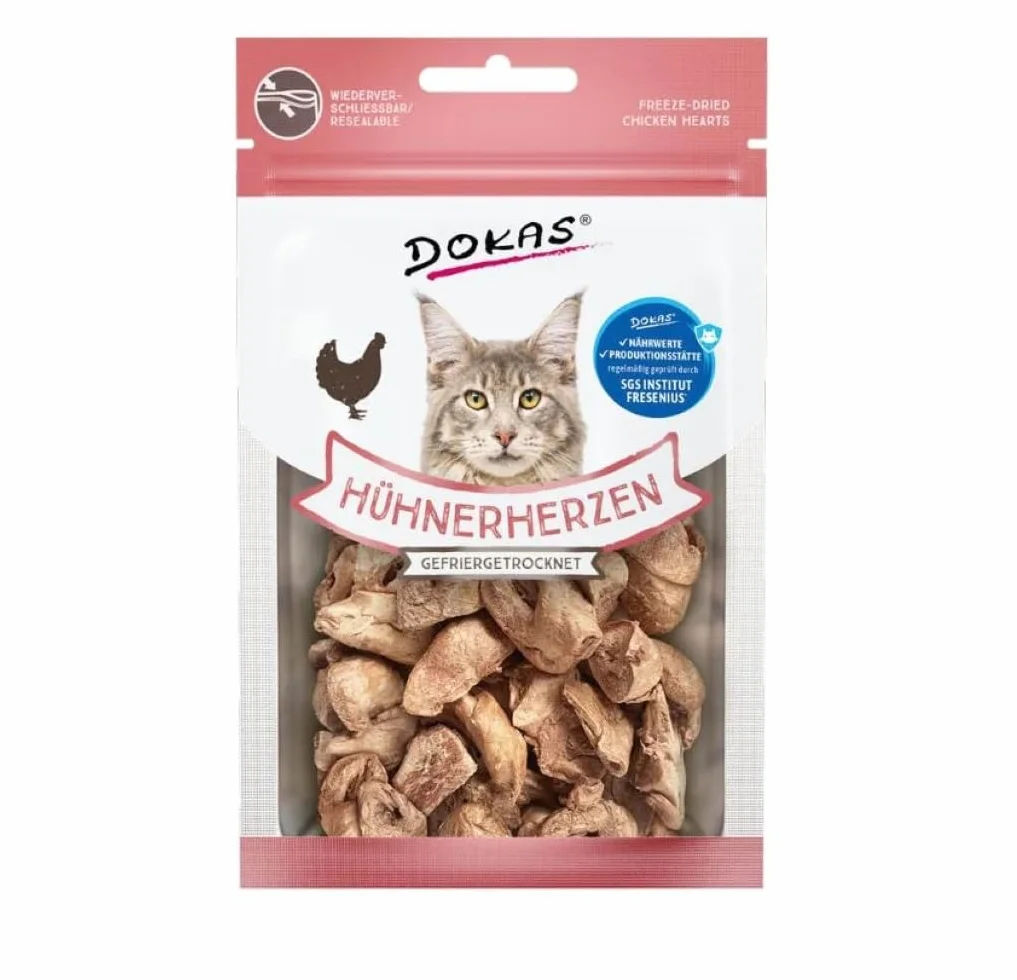 Dokas Liofilizowane serca z kurczaka | 4 sztuki w opakowaniu | 4 x 15 g | smakołyki dla kotów | dzięki delikatnemu suszeniu w liofilizowaniu zachowuje 100% naturalnych składników odżywczych