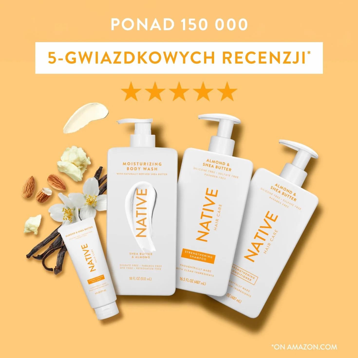 Native Wegański szampon wzmacniający z masłem migdałowym i shea, czystym, siarczanami, parabenami i niezawierającym silikonu