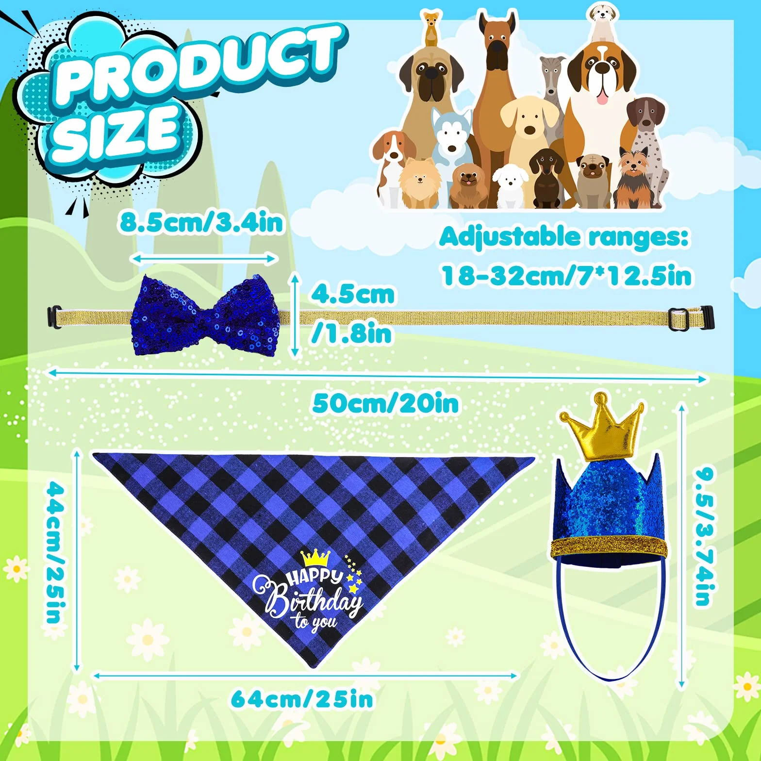 Cobee Urodzinowa bandana dla psa zestaw muszki, 3 sztuki artykuły na przyjęcie urodzinowe dla psa w kratę bandana błyszcząca korona czapka brokatowa muszka obroża dla małych średnich psów