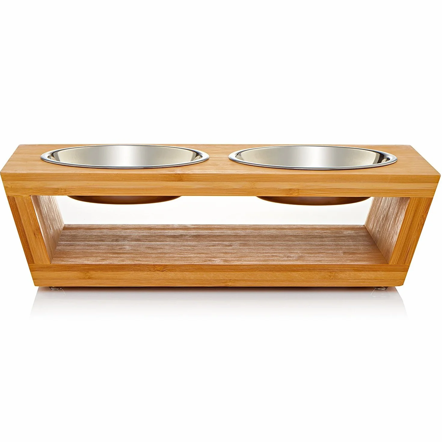 Podwyższony dozownik karmy dla kotów i małych psów z bambusa z 4 miskami ze stali nierdzewnej 2x350 ml 2x600 ml 10x35,5x18 cm