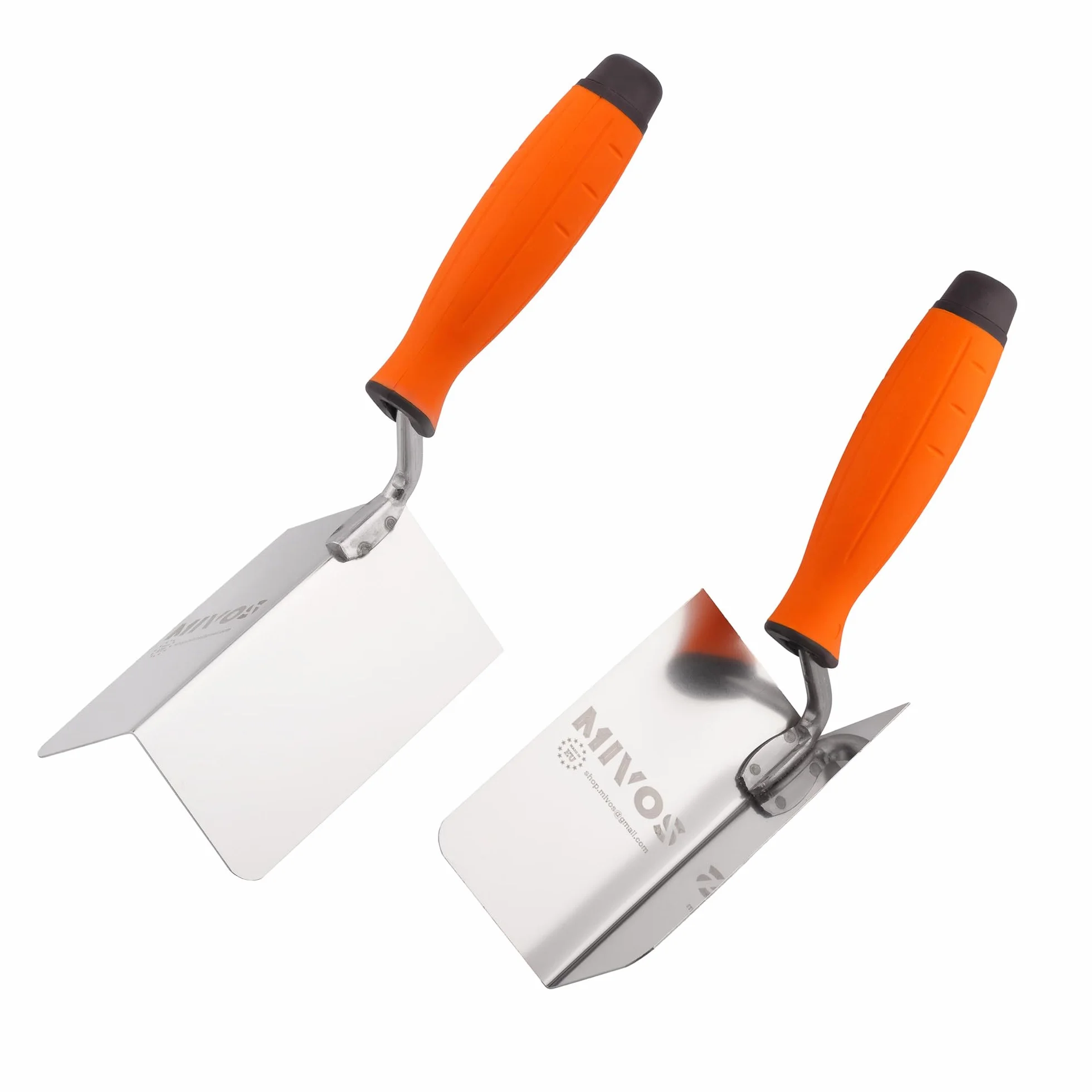 Mivos 2 x kielnia narożna ze stali nierdzewnej 120 x 60 mm – kielnia narożna wewnętrzna i zewnętrzna ze stali nierdzewnej – do wewnątrz i na zewnątrz z miękkim uchwytem – szpachelka narożna Made in EU