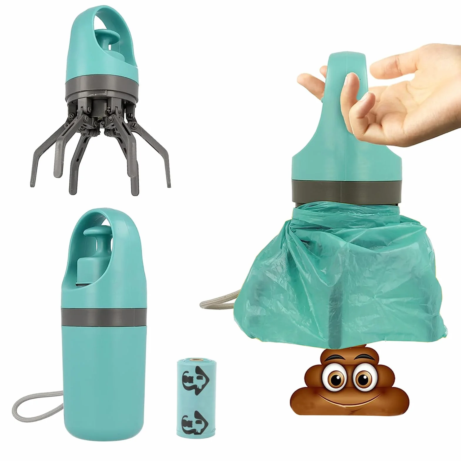 Pooper Scooper, przenośna hulajnoga No Touch Poop Scooper dla małych, średnich i dużych psów, urządzenie do zbierania psich odchodów z 15 nakładkami na worek i szczelnym pojemnikiem na odpady