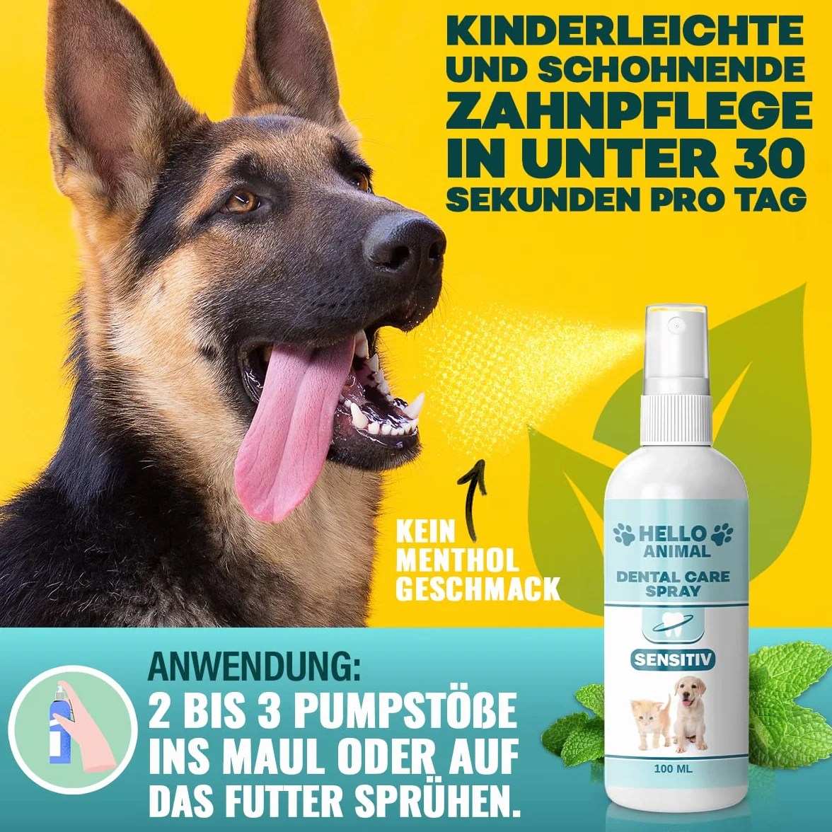HelloAnimal® Dental Spray Extra Sensitive dla psów i kotów – spray dentystyczny z łagodną formułą na nieświeży oddech – środek do usuwania kamienia nazębnego również do szczelin – czyszczenie zębów i