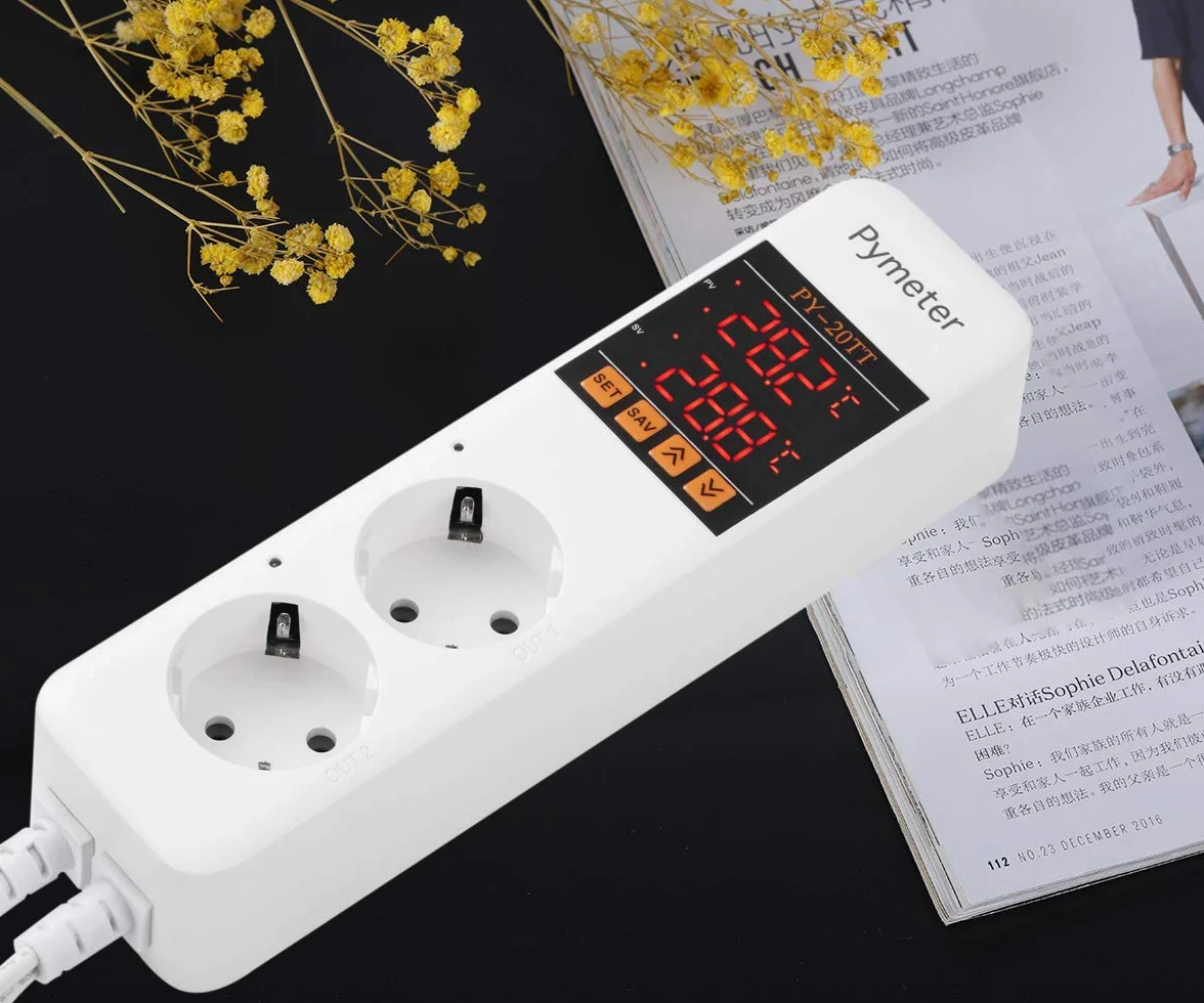Cyfrowy regulator temperatury, ogrzewanie, termostat, gniazdko elektryczne z 2 czujnikami, do akwarium, terrarium, szklarni