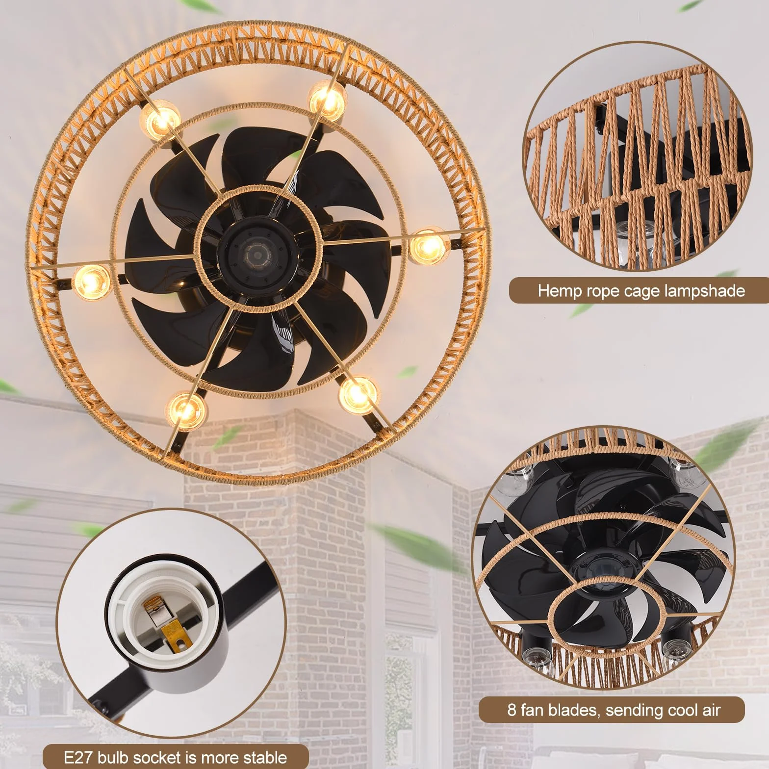 Ganeed Wentylatory sufitowe z oświetleniem Wentylator sufitowy w stylu industrialnym 48cm Boho Rattan Lampa w klatce E27 podtynkowa z pilotem 6 świateł czarny
