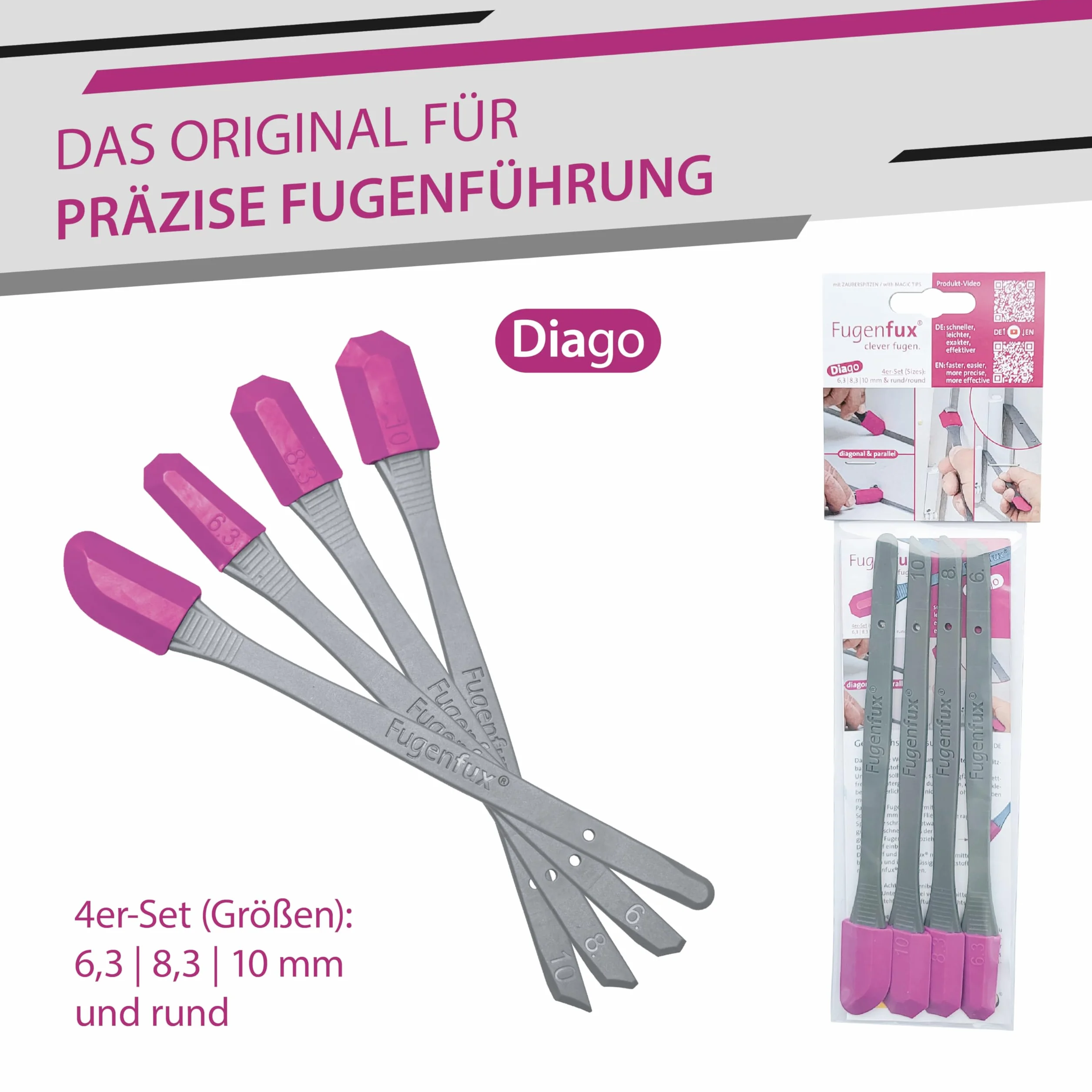 FUGENFUX® DIAGO 4-częściowy zestaw – wygładzanie fug | ściągacz do bardzo wąskich miejsc | 4 specjalne głowice do fug ukośnych i równoległych | Made in Germany | idealne do silikonu, akrylu i wielu