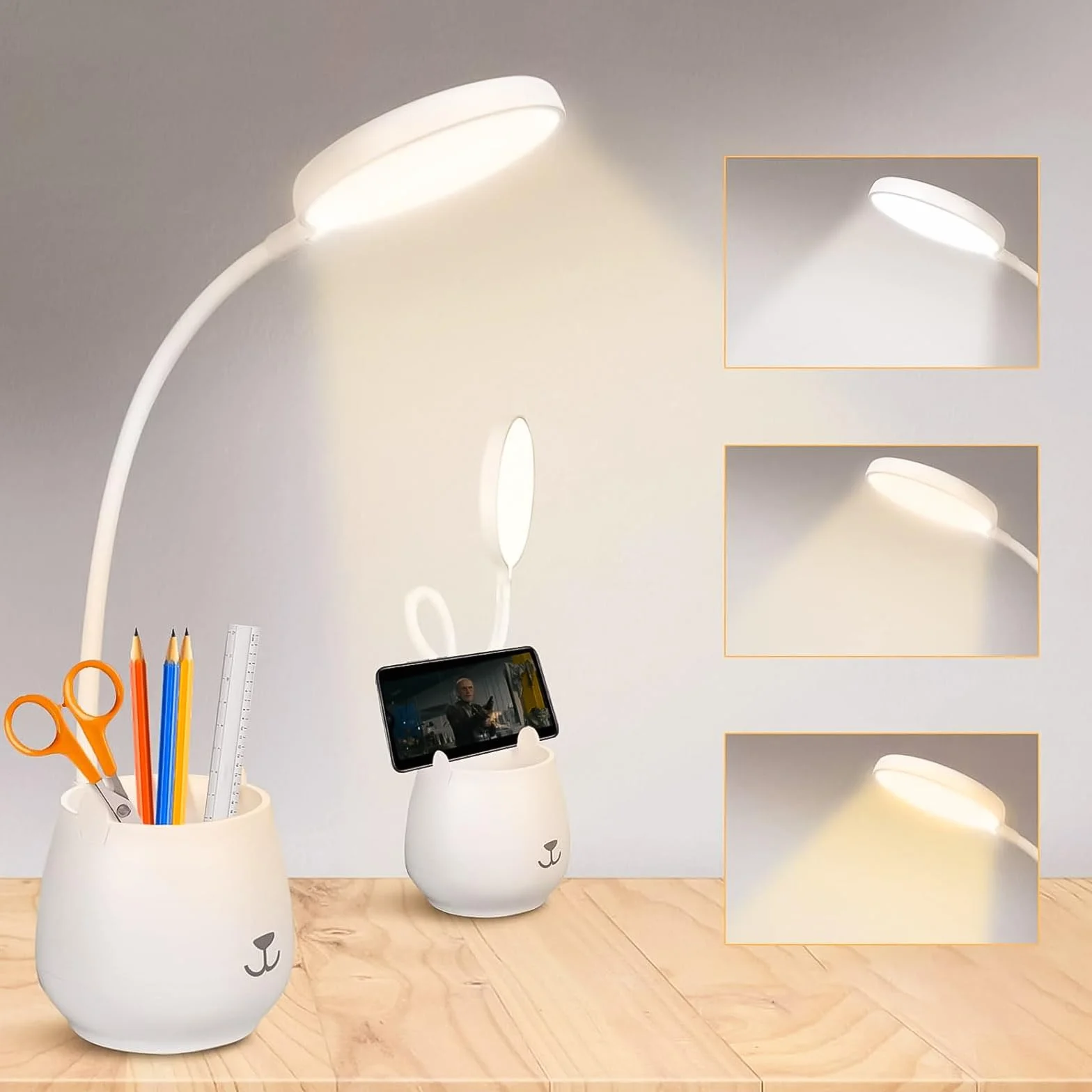 URAQT Lampy na Biurko, Lampa Stołowa LED z Pojemnikiem na Długopis, 4 W, elastyczna lampa do czytania, 3 tryby oświetlenia, sterowanie dotykowe, ładowanie USB, ściemniane przyjazne dla oczu lampy biurkowe do pracy i nauki