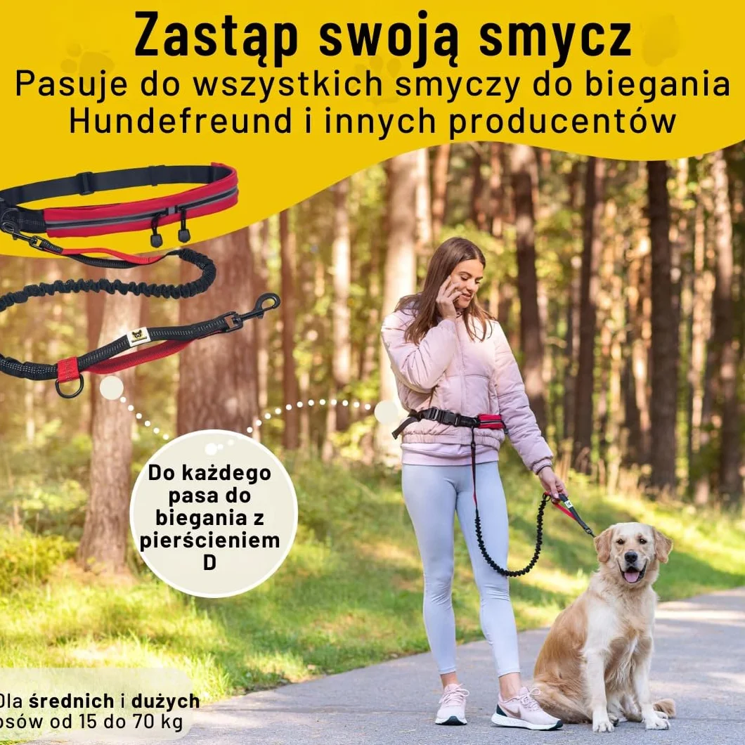 Hundefreund Elastyczne Przedłużenie Smyczy – 120 cm Wymienny Element z Amortyzatorem i 2 Odblaskowymi Uchwytami – Kompatybilne z Bezręcznymi Smyczami dla Psów (Czerwona)