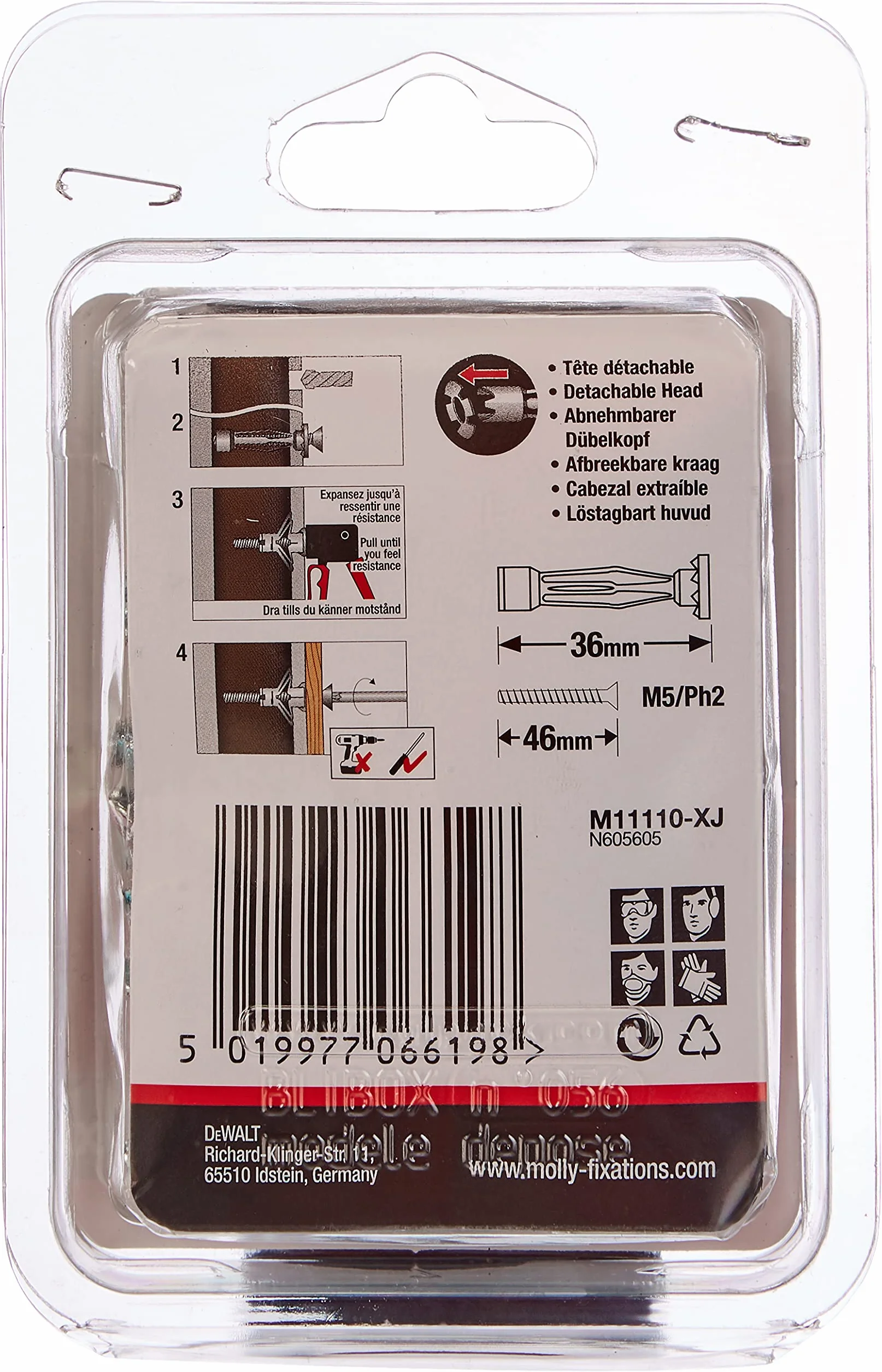 Molly M11110-XJ metalowe kołki rozporowe ze śrubą M5 Ø11 mm, 5 x 36 mm, szare, zestaw 16 sztuk