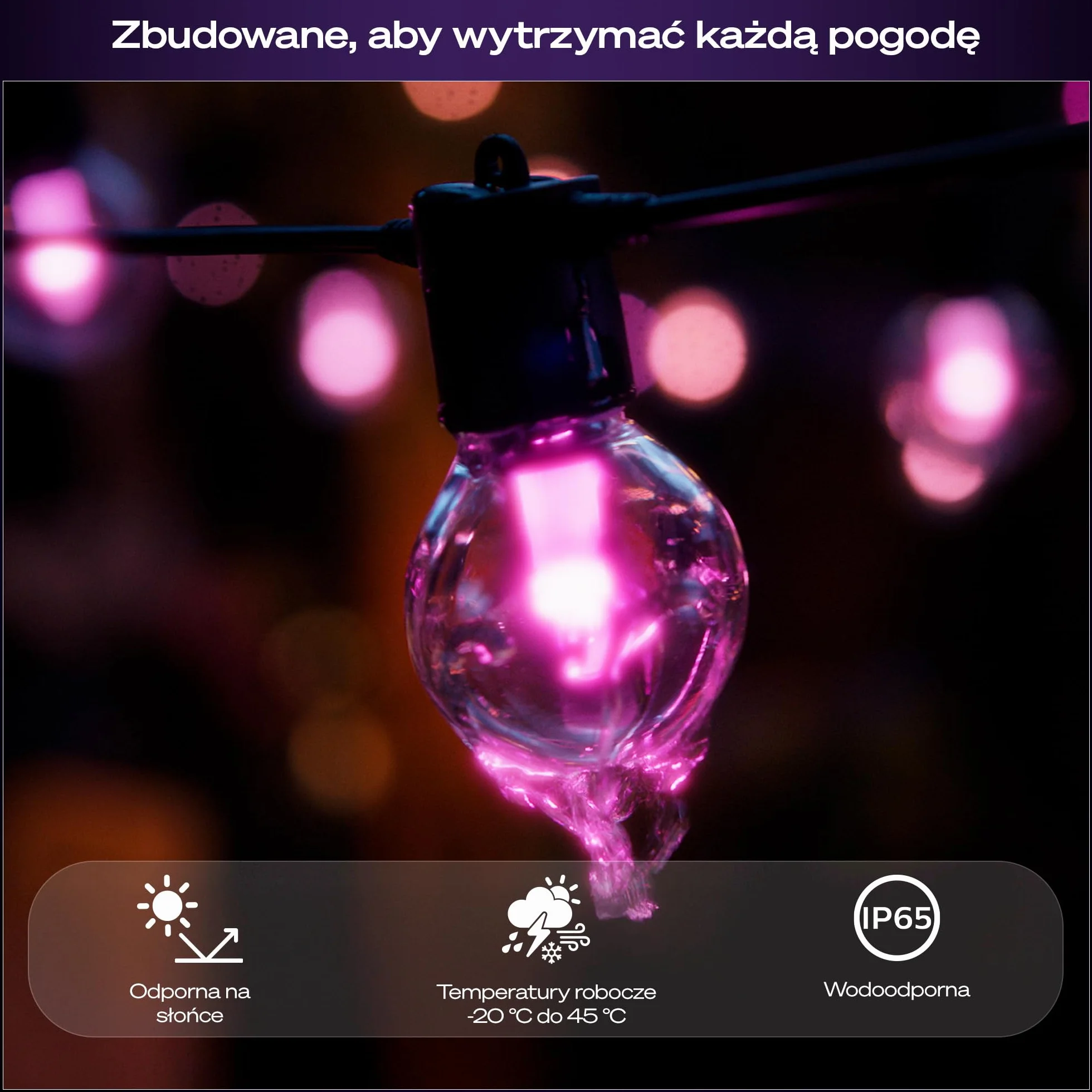 Philips Hue Festavia Globe Oświetlenie Na Zewnątrz, Biała i Kolorowa Atmosfera, 7 M, 10 Żarówek, Ściemniane, Sterowanie za pomocą Aplikacji Hue, Współpracuje z Alexa, Google Assistant i Apple Home