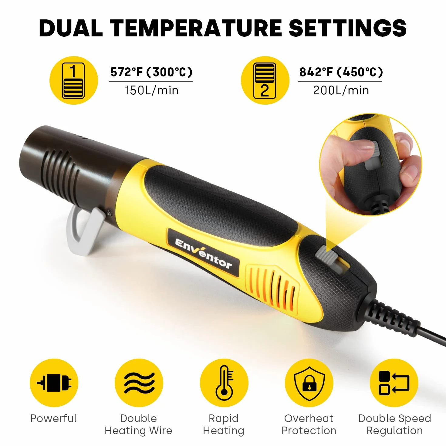 ENVENTOR Mini pistolet termiczny, 450 W, mini pistolet na gorące powietrze z dyszą odblaskową, tryb 2 temperatury 300℃-450 ℃, szybkie nagrzewanie, do chowanego owijania, usuwania farby