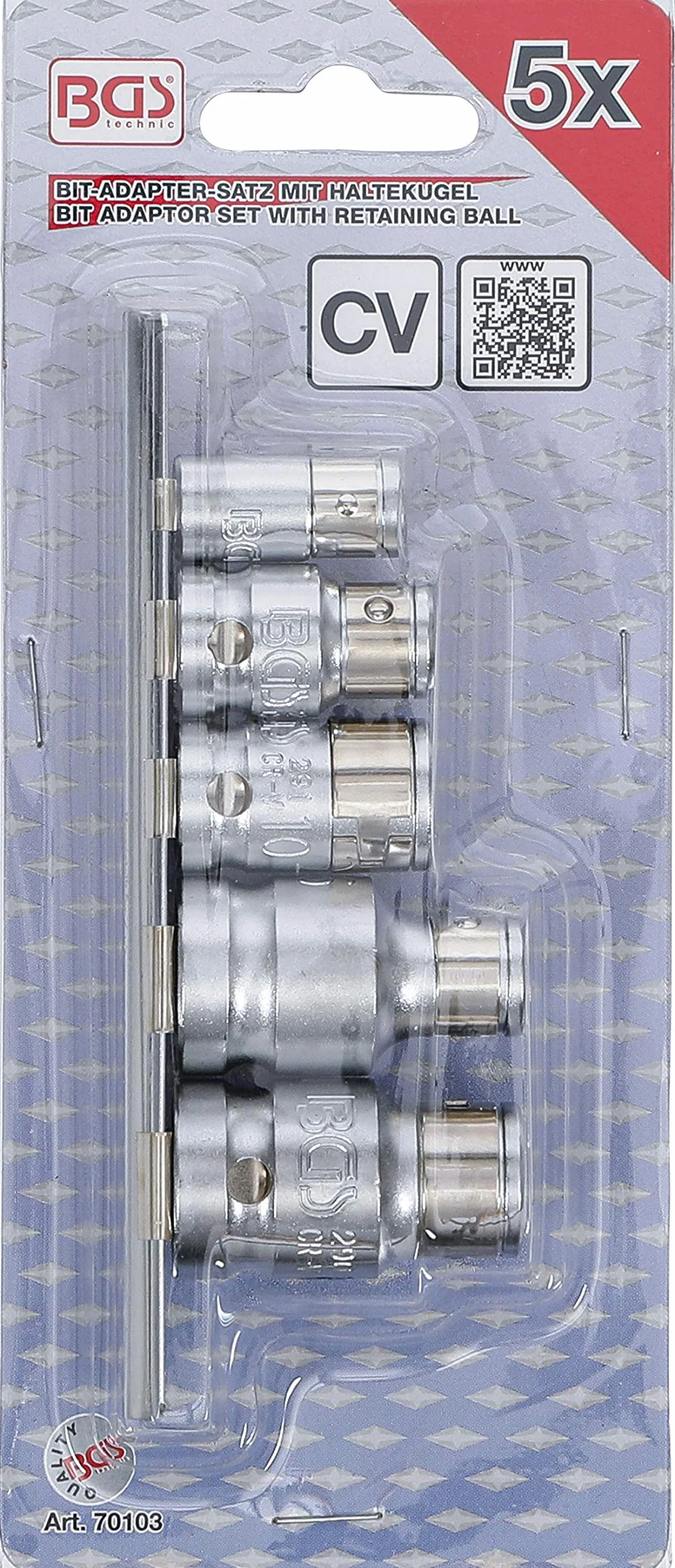 BGS 70103 | Zestaw adapterów do bitów z kulką | gniazdo czworokątne 6,3 mm (1/4") / 10 mm (3/8") / 12,5 mm (1/2") | 5 szt.