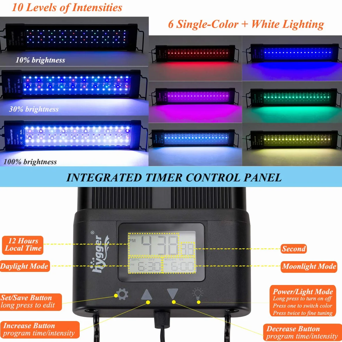 hygger Oświetlenie LED do akwarium, 72 W, pełne spektrum światła do akwarium z ustawieniem LCD, Sunrise Sunset Moon i tryb DIY, regulowany timer, światło do akwarium z 7 kolorami, do akwariów 122-139