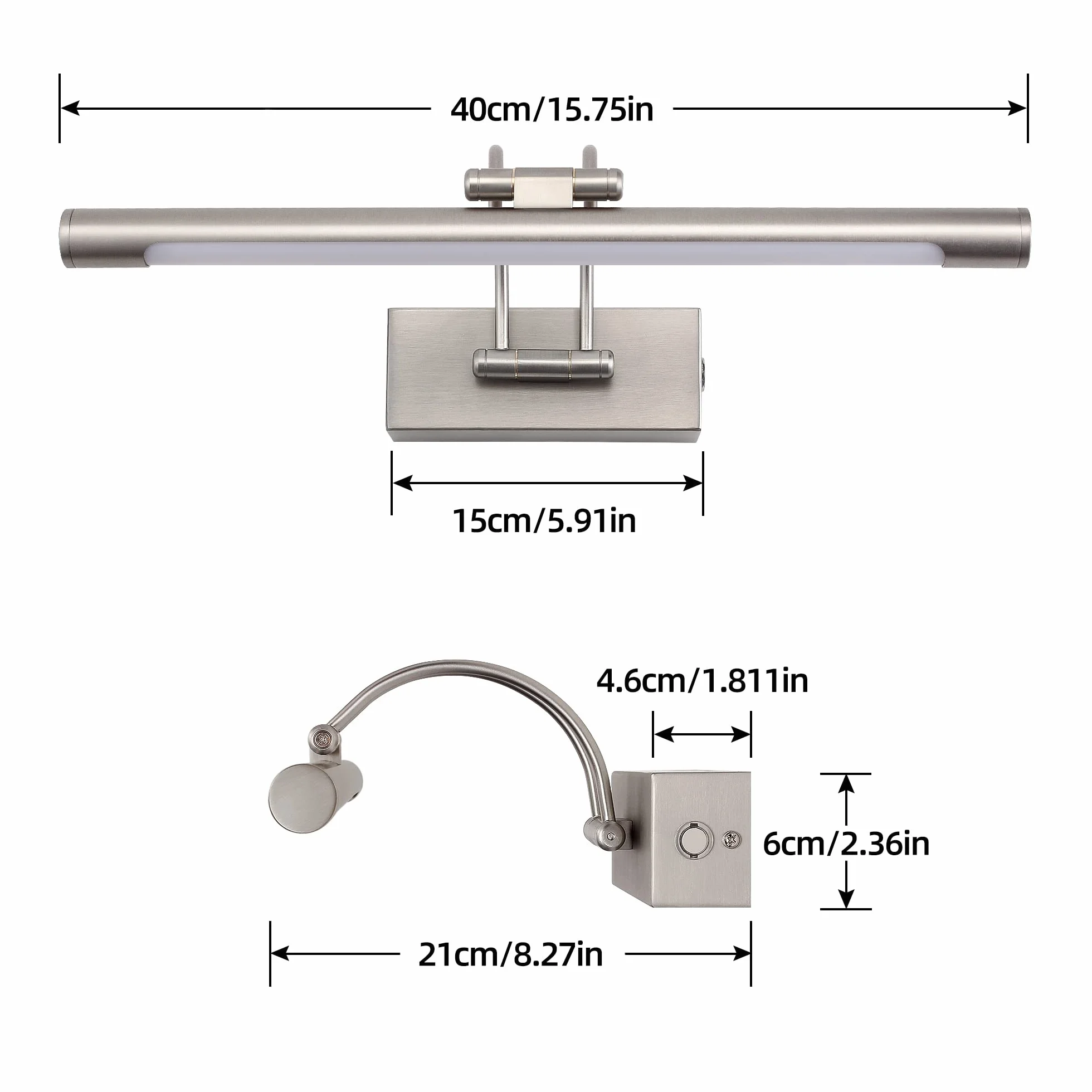 MantoLite Ściemnialna lampa ścienna do obrazów i witryn, 40 cm 10 W LED lustro łazienkowe obrotowe oświetlenie wewnętrzne oświetlenie, 3000 K/4500K/6000K niklowane lampki do czytania lampa