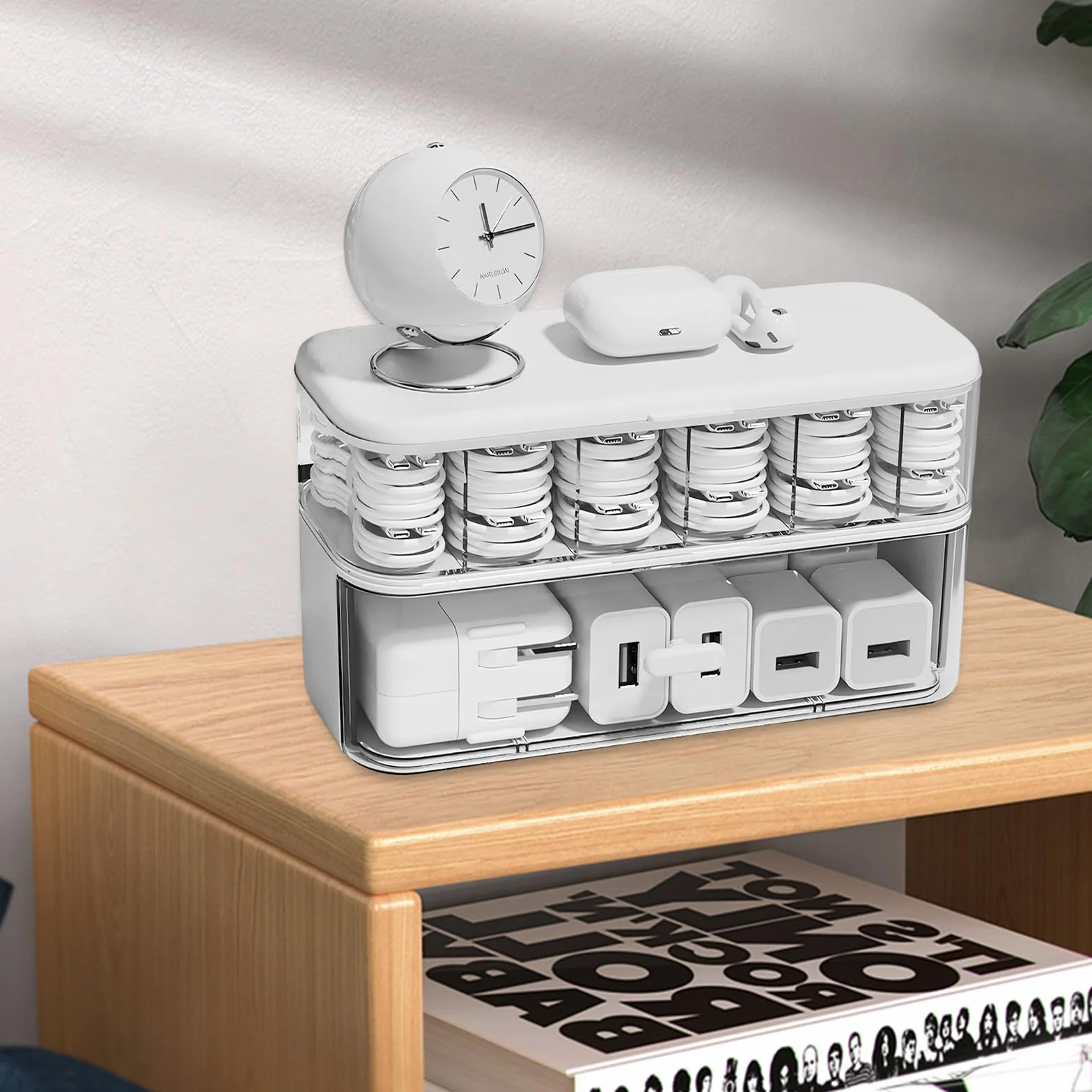 Dwuwarstwowa przezroczysta skrzynka do organizowania kabli, pudełko do przechowywania kabli z 6 przegródkami, pojemnik na kable USB, do domu, biura, biurka (biały)