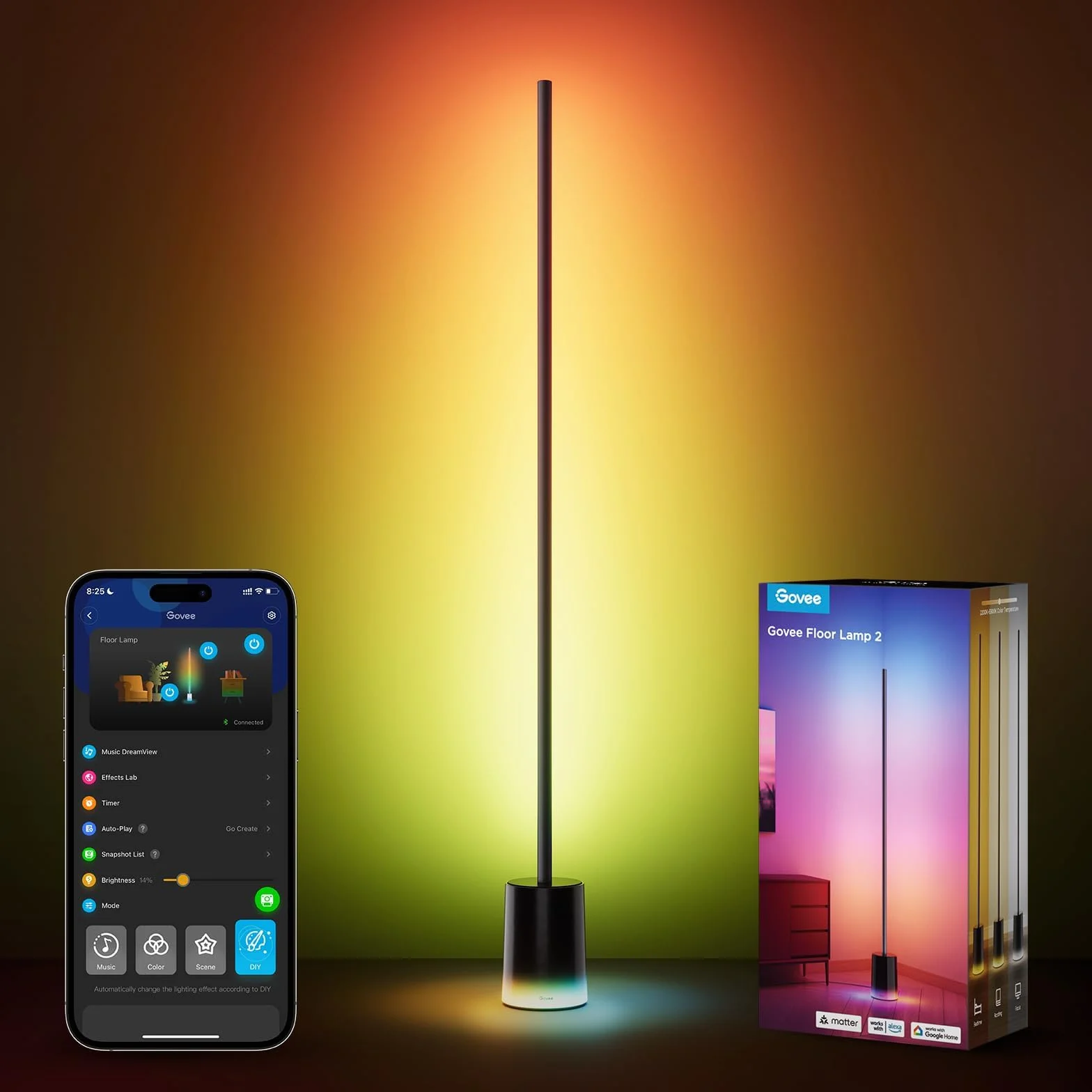 Govee Lampa stojąca LED, ściemniana, RGBIC, 1725 lm, do salonu, pracy z matą, 152 cm, RGBIC, nowoczesna czerń, 16 milionów kolorów, tryb muzyczny do dekoracji sypialni, pokoju zabaw
