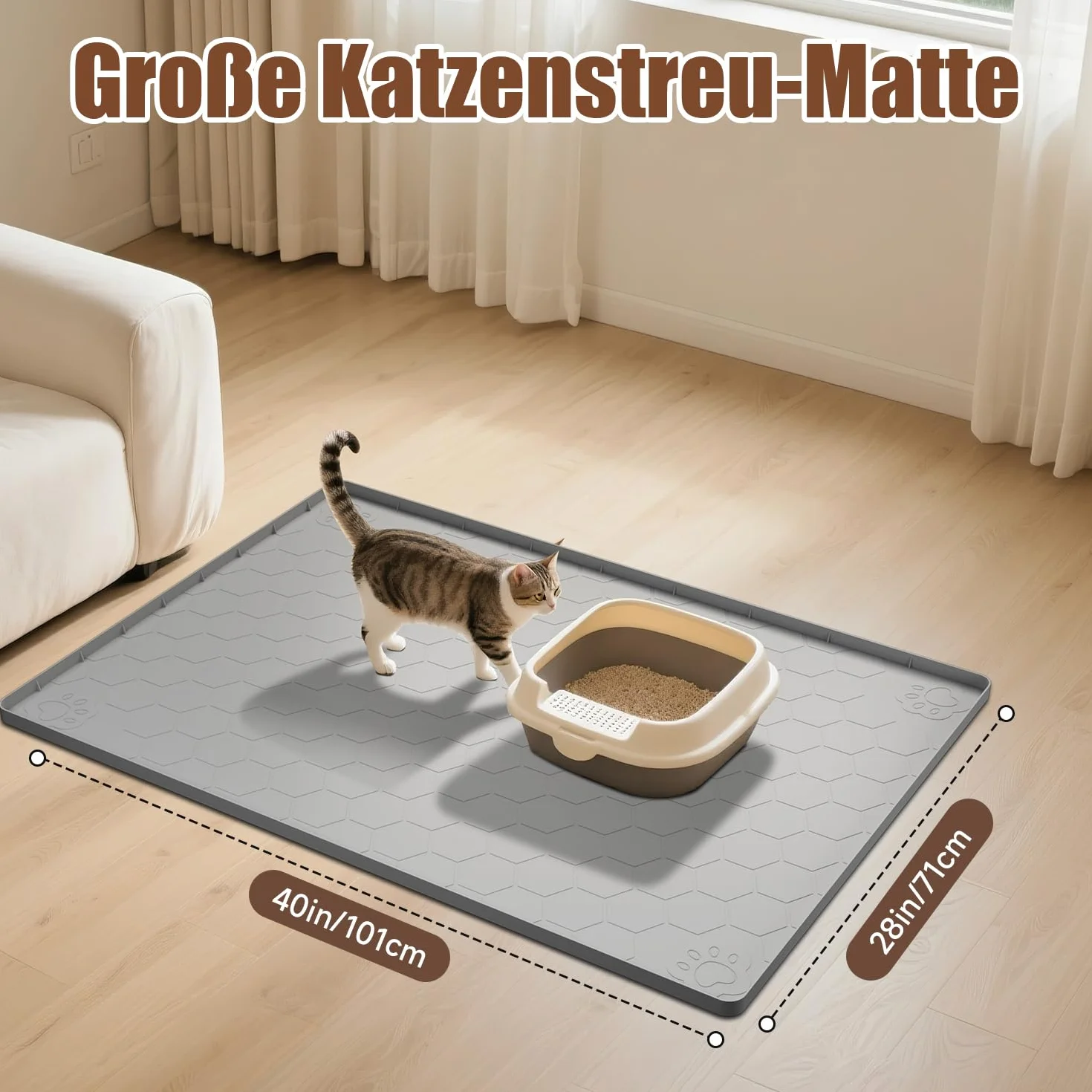 Wielka XXL Mata do Kuwety dla Kotów 101x71cm, Mata do Żwirku dla Kotów z Silikonu Bezpiecznego dla Żywności, Wodoszczelna i Odporna na Mocz Mata do Kuwety dla Kotów, Antypoślizgowa, Bez