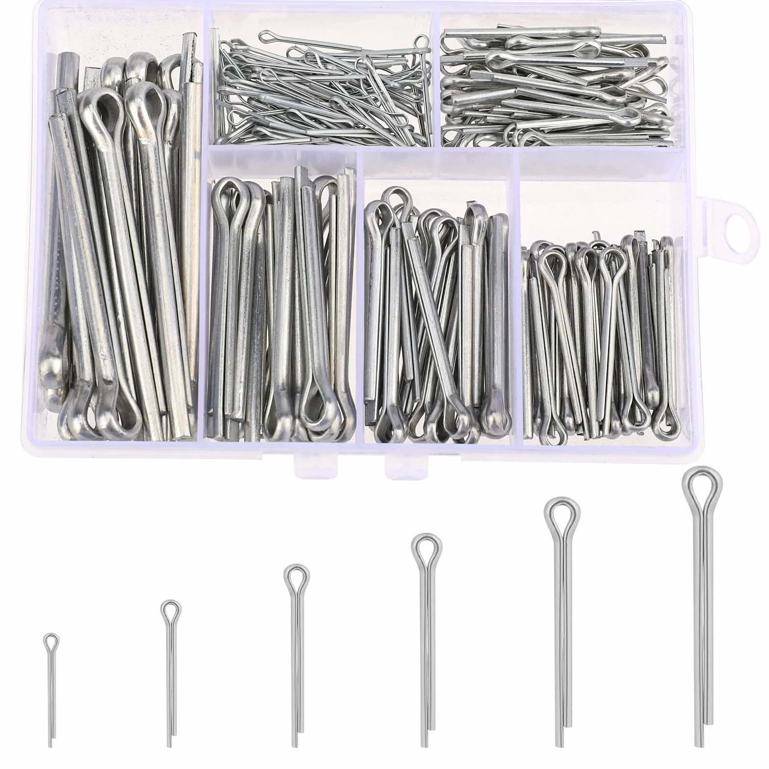 Zestaw 230 sztuk zawleczek zabezpieczających Cotter Pins ze stali nierdzewnej, do zawleczek w 6 rozmiarach, z pudełkiem do przechowywania, do samochodów, kosiarek, przyczep kempingowych, narzędzi