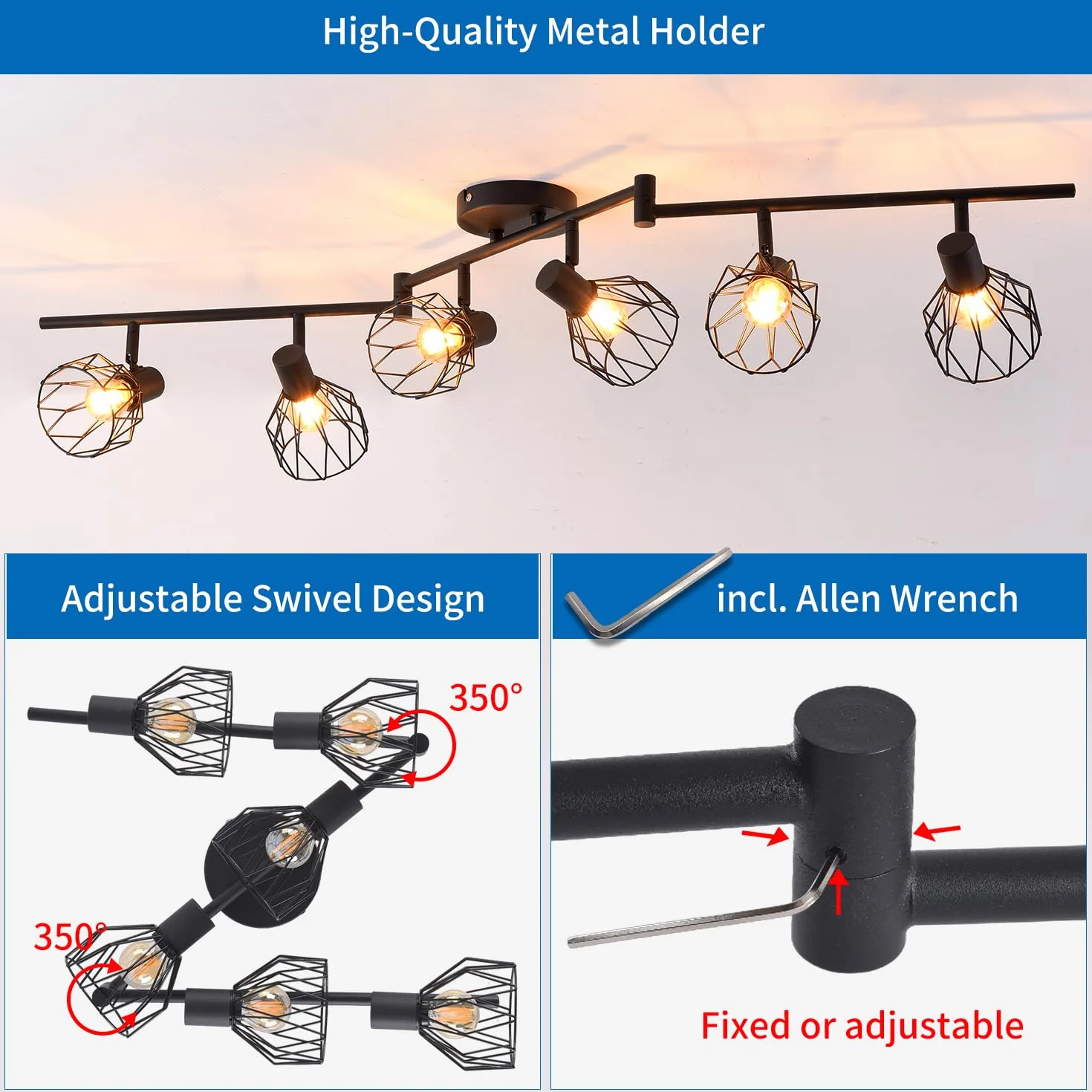 ANWIO Lampa sufitowa, 6 reflektorów LED do wnętrz sufitowych E14, oświetlenie sufitowe czarne z prostokątną podstawą, obrotowa lampa sufitowa LED (bez żarówek).