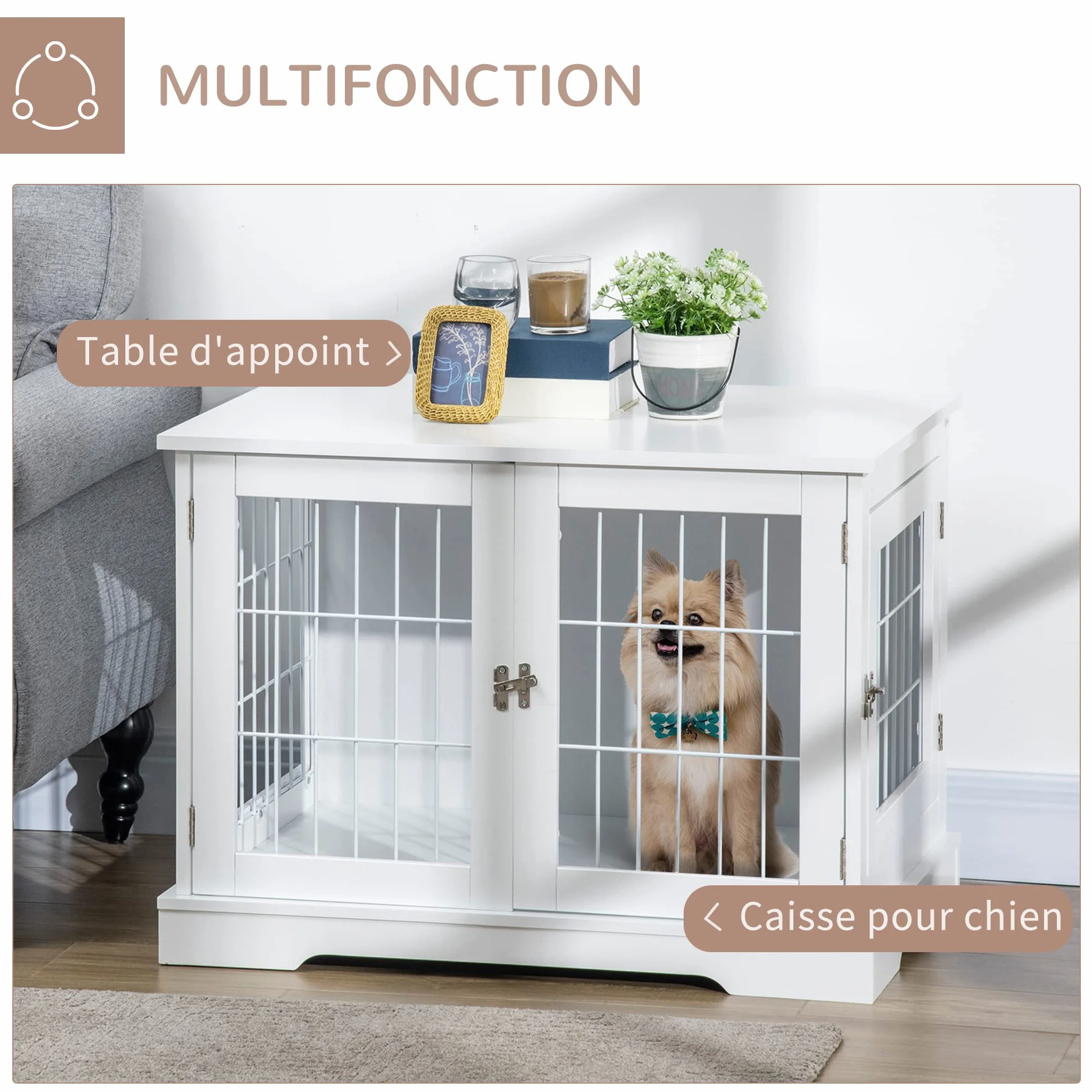 PawHut Klatka dla psa 2 w 1 Stolik pomocniczy z 2 zamykanymi drzwiami - 76L x 54,5 l x 56H cm - metal i MDF