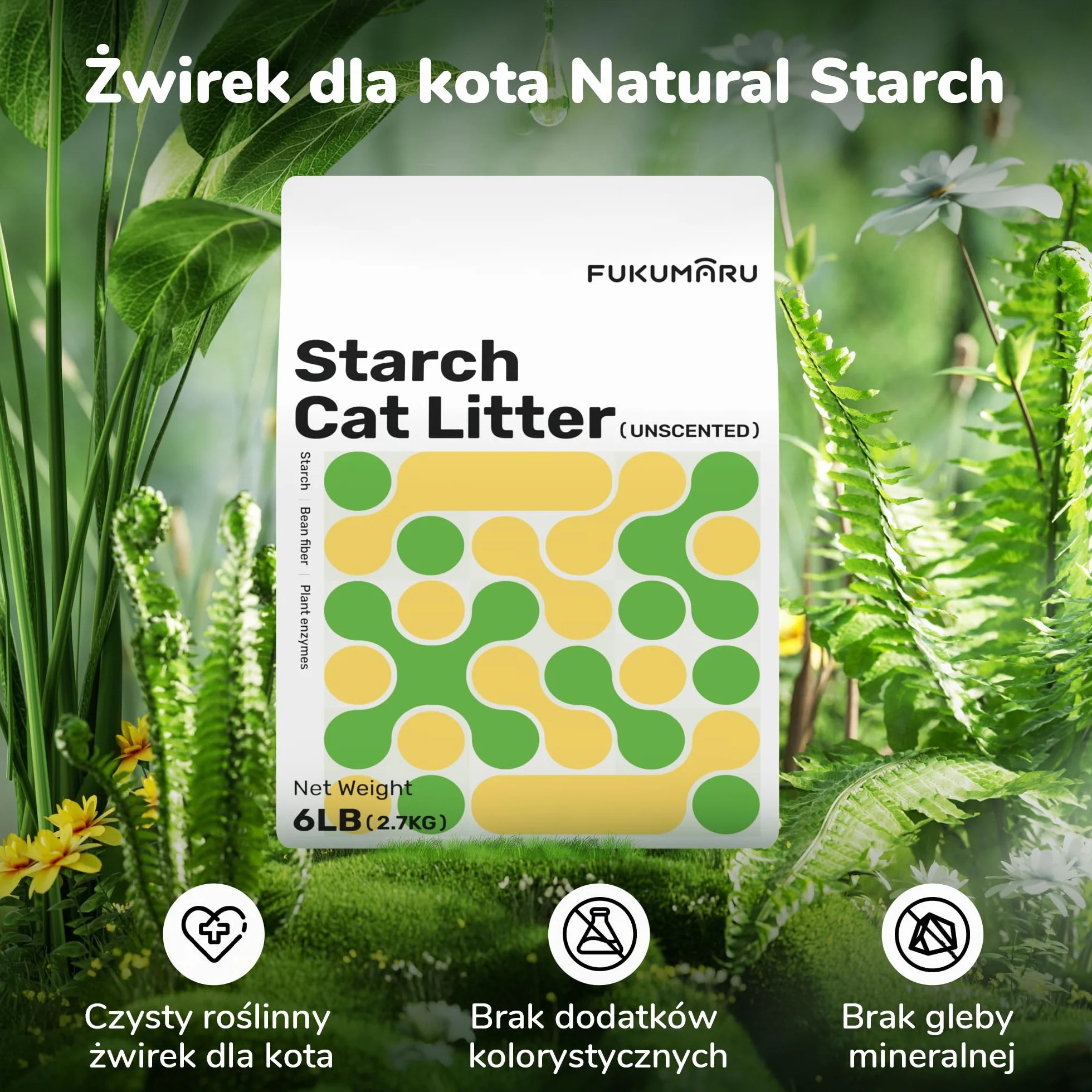 FUKUMARU Cassava Cat Litter, Mocny zbrylający się żwirek dla kota, Naturalne składniki roślinne, Nieprzywierająca baza, Niski poziom pylenia, Kontrola zapachu 24/7, Bezzapachowy, 6lb x 2 worki