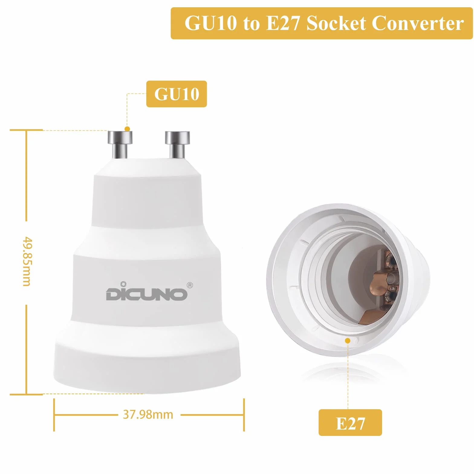 DiCUNO GU10 do E27 adapter gwintu lampy, konwerter GU10 do E27 do lampy LED/żaru/halogenu/CFL, 60 W, 250 V, maks. odporność na ciepło 125°, 6 sztuk