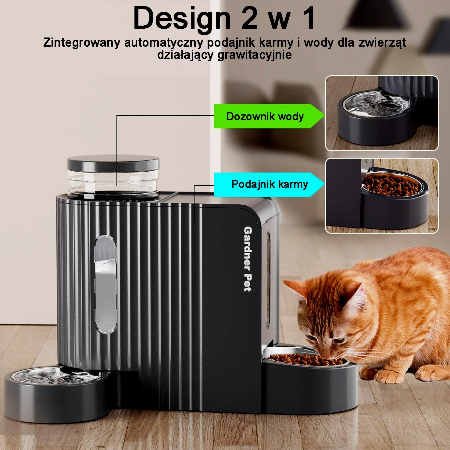 Gardner Pet Automatyczny karmnik dla kotów i dozownik wody 2 w 1, 3L, miska ze stali nierdzewnej, grawitacyjny dozownik wody, wolny od BPA