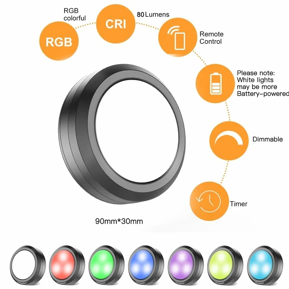 Światła krążkowe RGB, oświetlenie podszafkowe, bezprzewodowe światła LED, zasilane bateryjnie, oświetlenie podszafkowe, ściemniane, RGB lampka nocna z pilotem zdalnego sterowania, do szafki