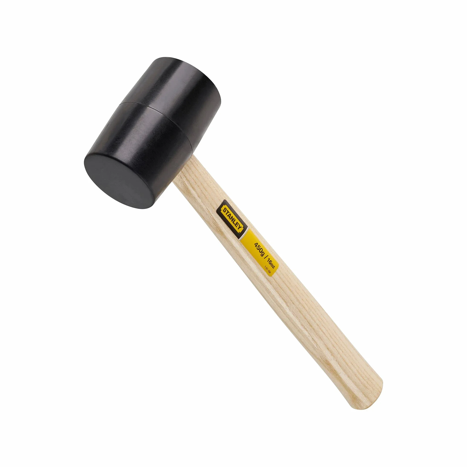 Przemysłowy młotek gumowy 16 oz/450 g z wysokiej jakości drewnianym uchwytem z jesionu z twardego drewna o długości 34 cm i 10 cm / 3,75 cala twardej czarnej gumy 51-104