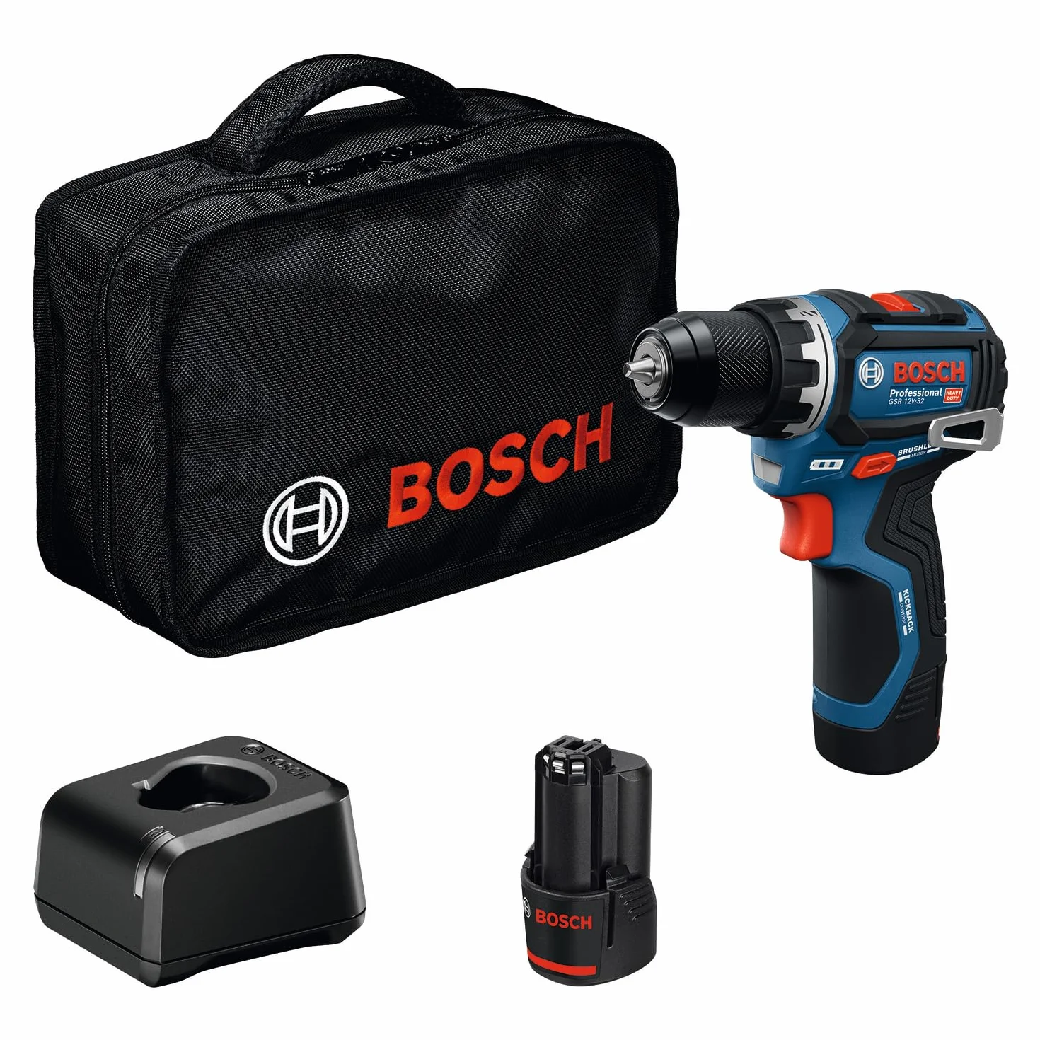 Bosch Professional 12V System Wiertarko-wkrętarka akumulatorowa GSR 12V-32 (Advanced KickBack Control, silnik bezszczotkowy, akumulator 2,0 Ah, ładowarka GAL 12V-20, torba narzędziowa)