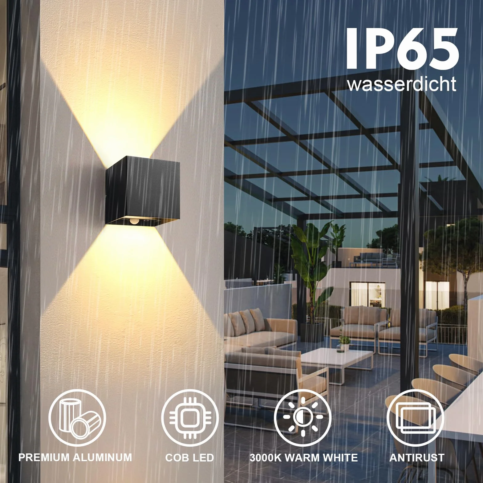 KYOTECH 1 lampa ścienna z czujnikiem ruchu, 12 W, wodoodporna lampa ścienna, IP65, 1320 lm, czarna, regulowany kąt wiązki, oświetlenie wewnętrzne/zewnętrzne, ścienne z dotykowym sterowaniem