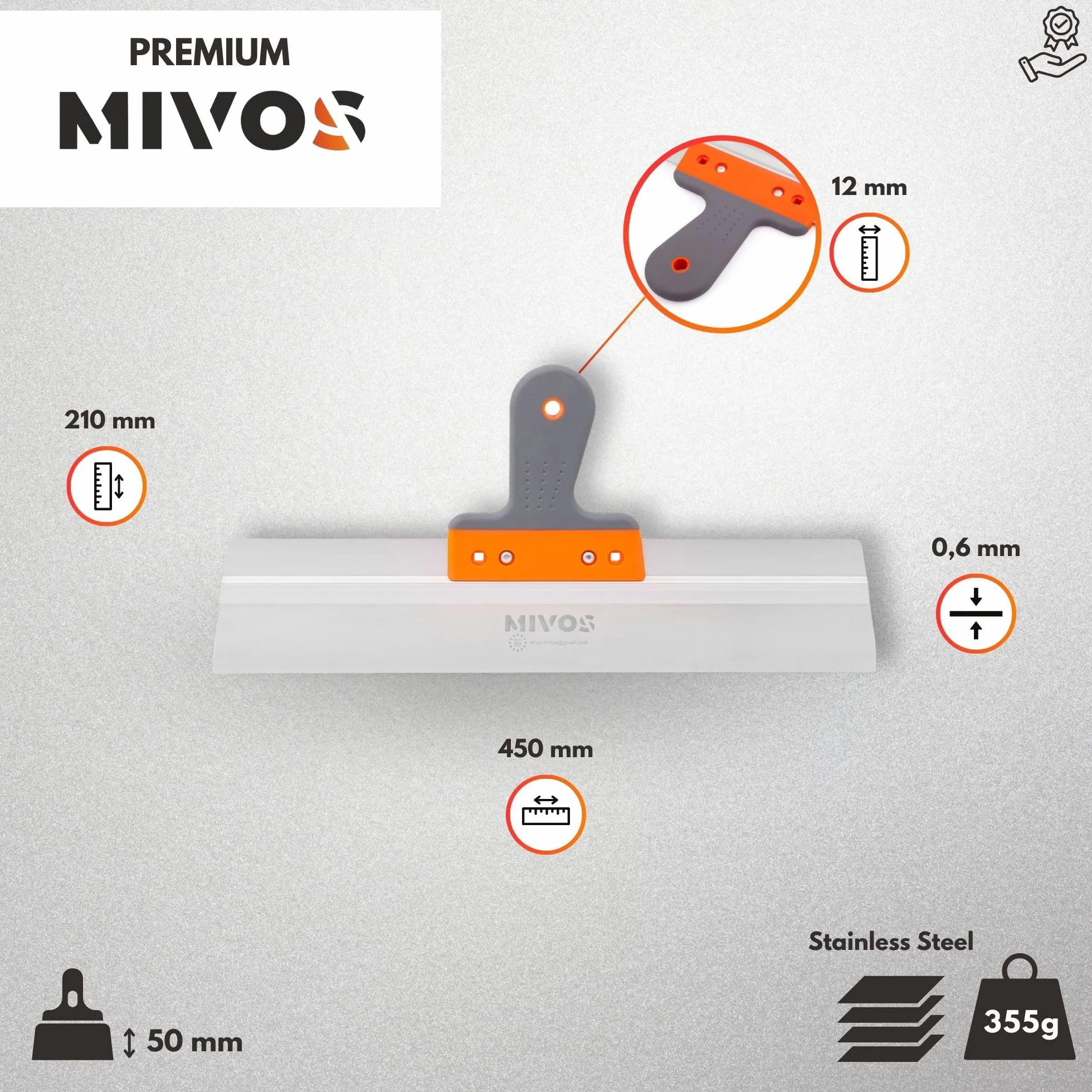 Mivos Szpachla fasadowa ze stali nierdzewnej 450 x 60 mm - Szpachelka elewacyjna do dużych powierzchni - Nóż do gładzi 450 mm z z miękkim uchwytem - Szpachelka do wygładzania wyprodukowana w UE