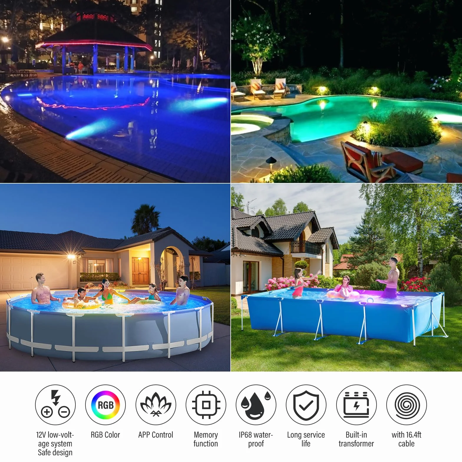 Podwodne światło LED RGB, zmiana kolorów, 12 V, oświetlenie basenowe LED, sterowanie za pomocą aplikacji, oświetlenie basenowe, oświetlenie basenowe, podwodny reflektor basenowy z kablem o