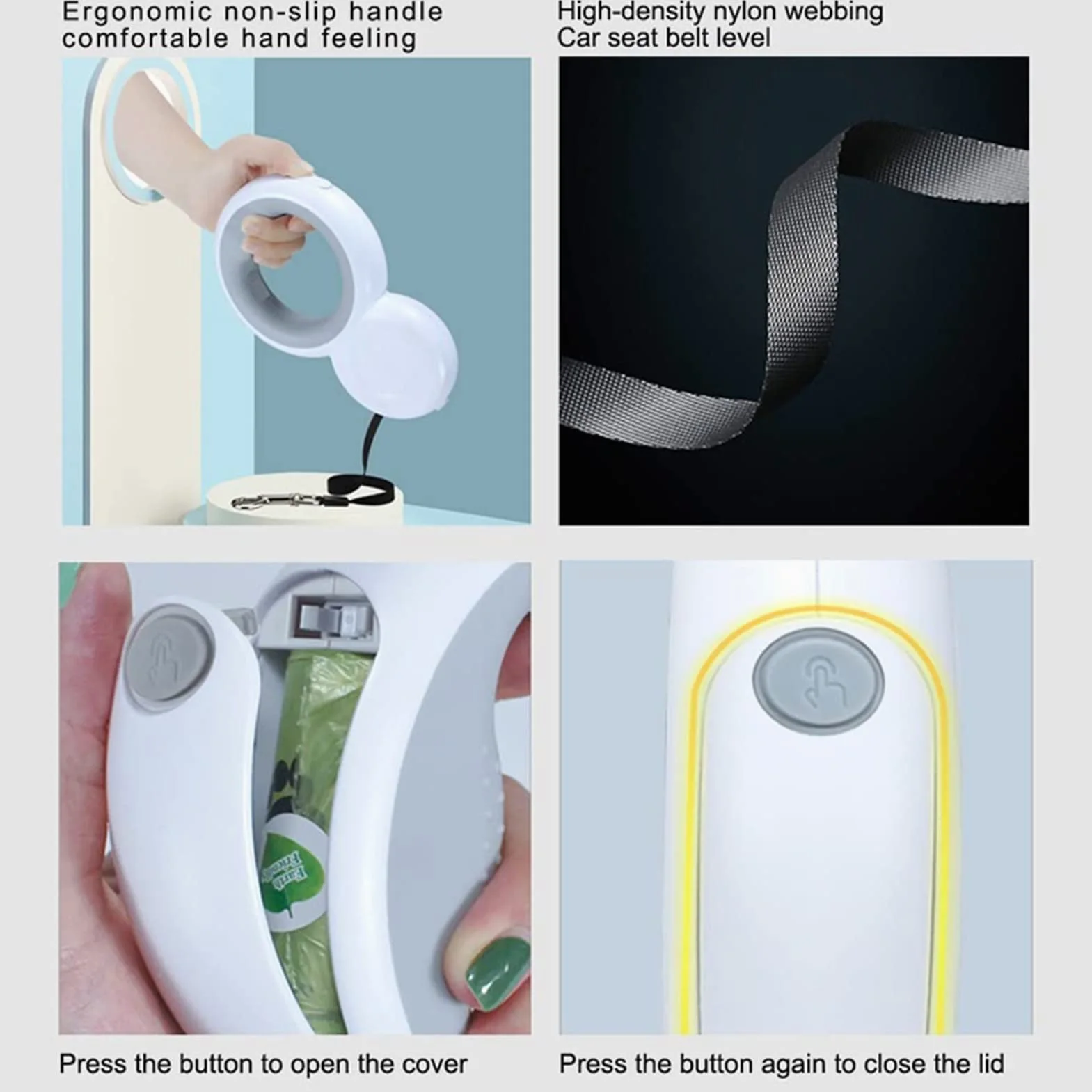 Smycz dla małych psów z blokadą jednym przyciskiem Rozwijana smycz dla psa z ładowaniem przez USB, ze światłem LED 360°, bez smyczy do spacerów psem, wbudowany dozownik woreczków na odchody(3,9.8FT)