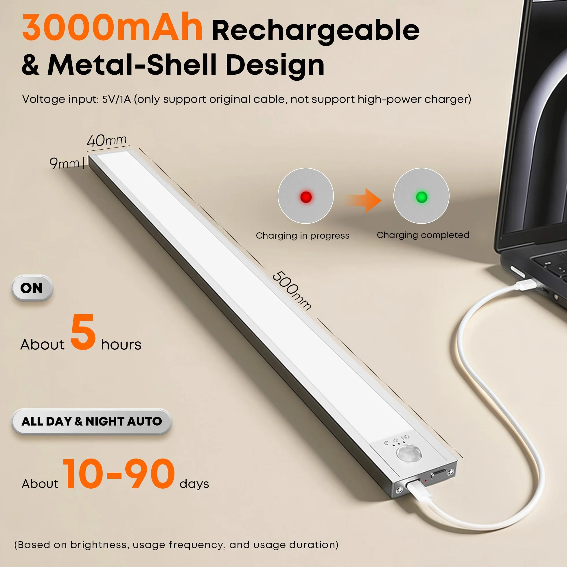 LROLTEF Oświetlenie pod szafkami kuchennymi z czujnikiem ruchu, możliwość ściemniania, 50 cm, 3000 mAh, 6500 K, diody LED, pod szafkami, ładowane przez USB-C, czujnik do garderoby, nocne światło do