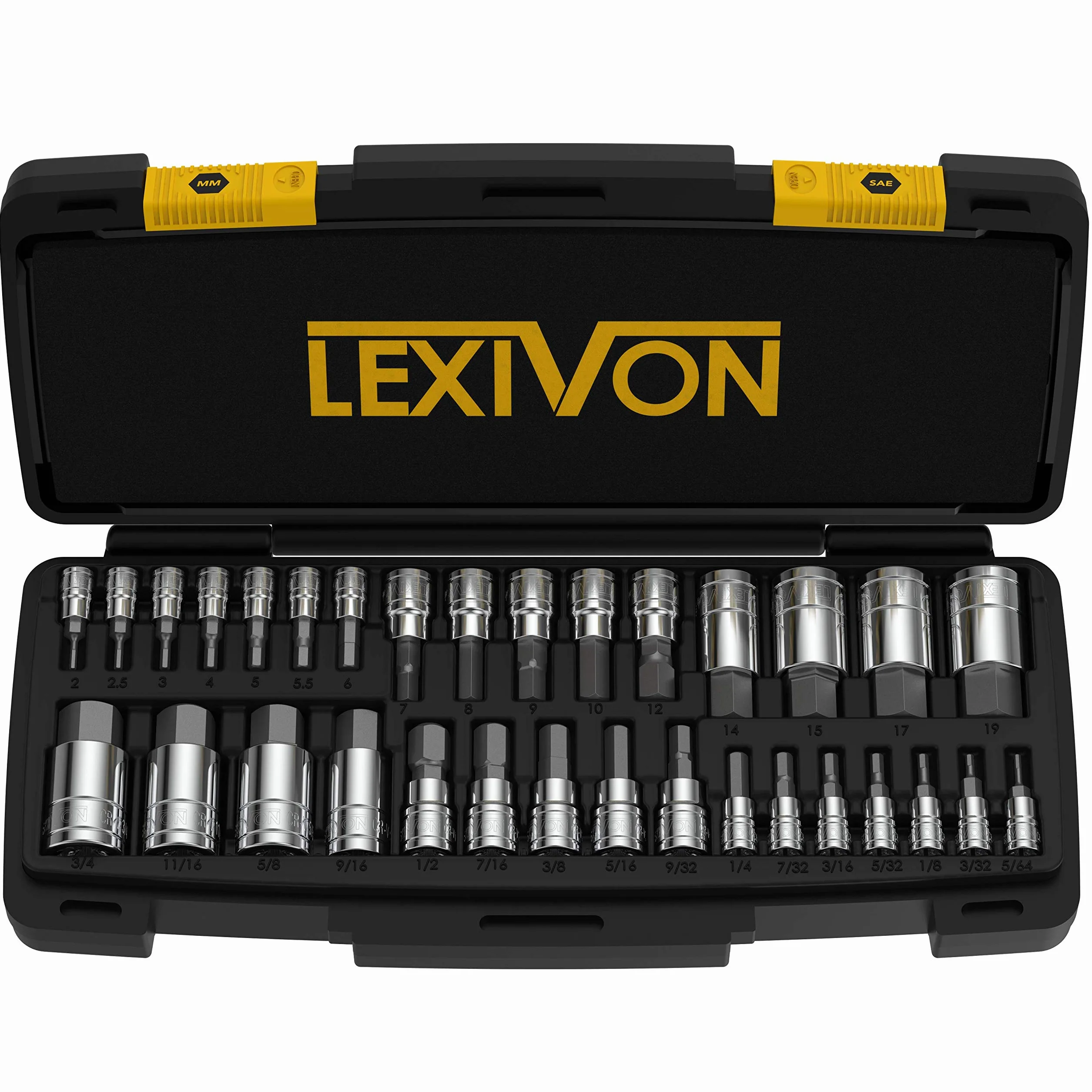 Zestaw kluczy nasadowych LEXIVON Master HEX, stal stopowa Premium S2 | Kompletny zestaw 32-częściowy, SAE i metryczny | Ulepszona walizka do przechowywania (LX-144)