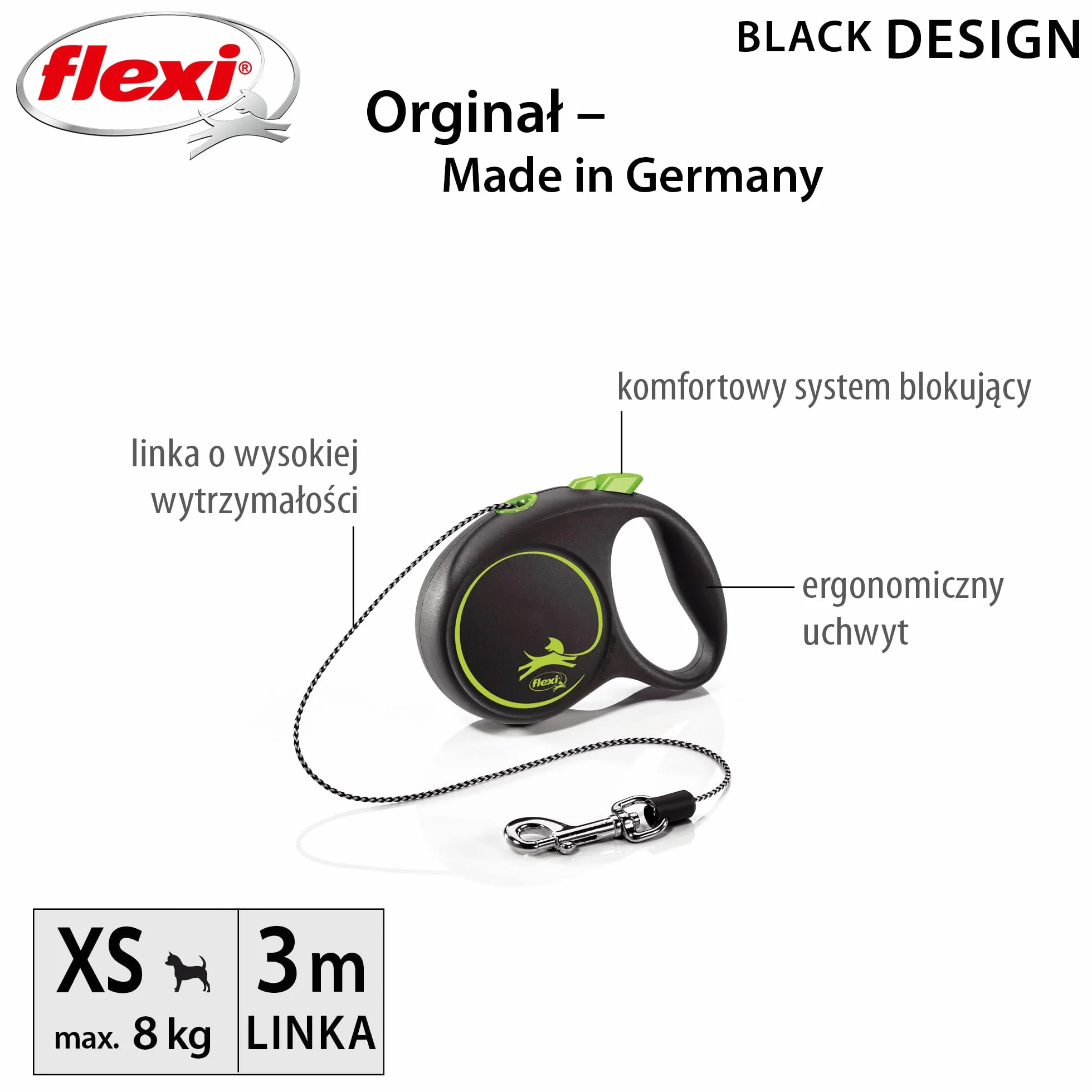 Flexi, model smyczy w kolorze czarnym, wersja ze sznurkiem, nowoczesny i ergonomiczny kształt, zaawansowany system prowadzenia, zwijana smycz, wyprodukowana w Niemczech, czarno-zielona, ​​XS - 3m