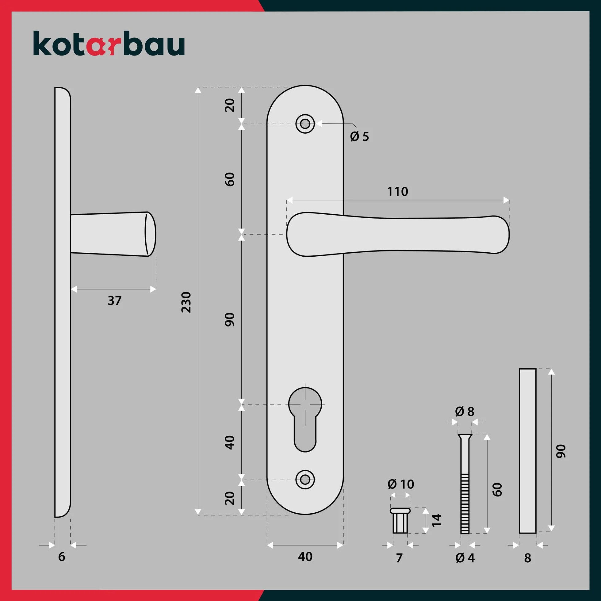 KOTARBAU® Klamka aluminiowa do drzwi 90mm czarna szyld długi przebicie: PZ wkładka