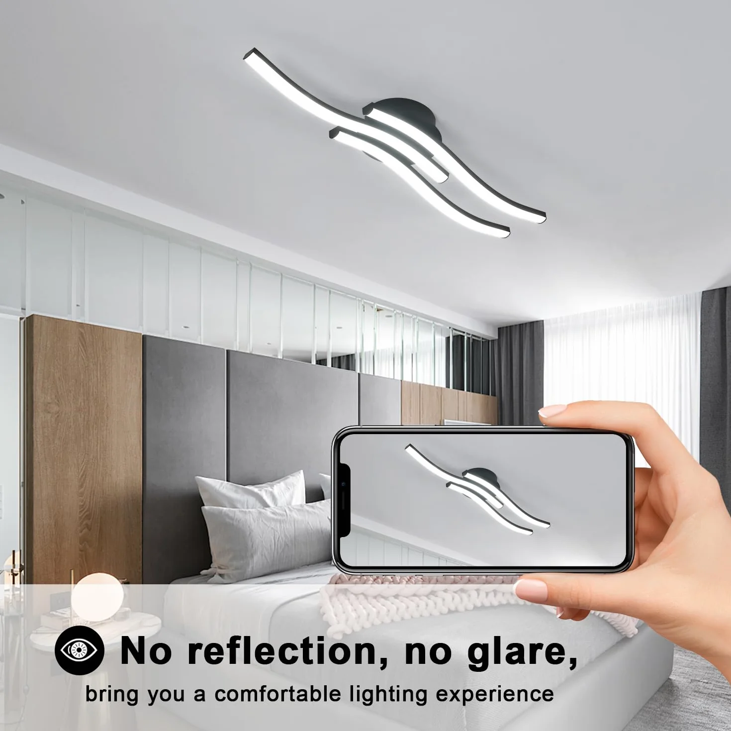 Comely Plafon LED, 3 Fale Design 20W 2050LM Zimna Biel 6500K Nowoczesna Lampa Sufitowa, Czarna Oprawa Sufitowa Do Salonu, Sypialni, Kuchni, Korytarza, Czarny